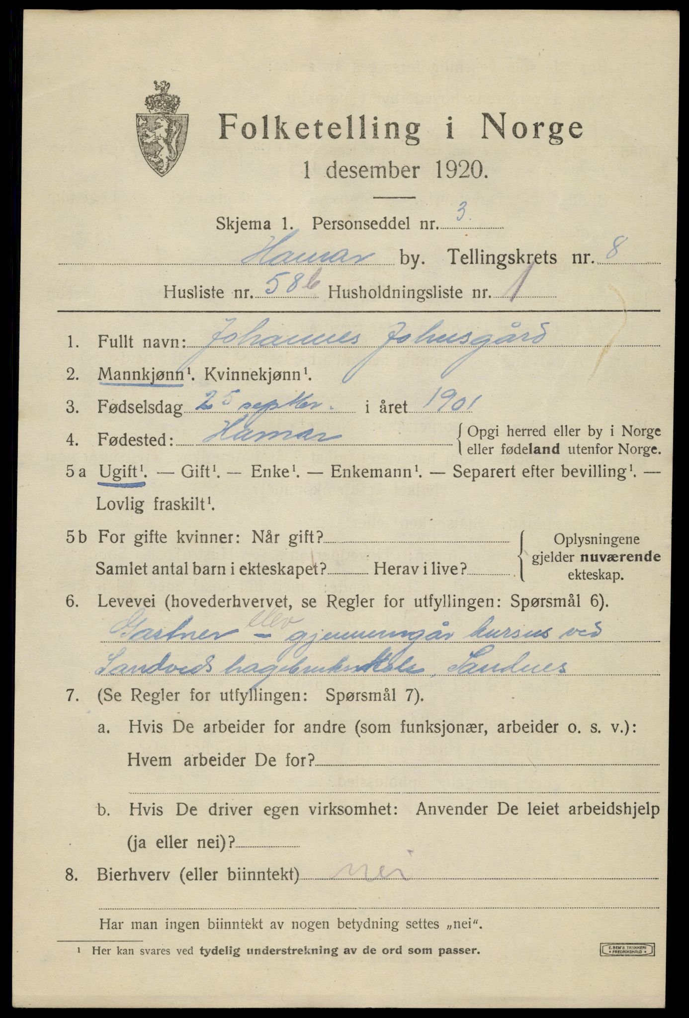 SAH, 1920 census for Hamar, 1920, p. 16087