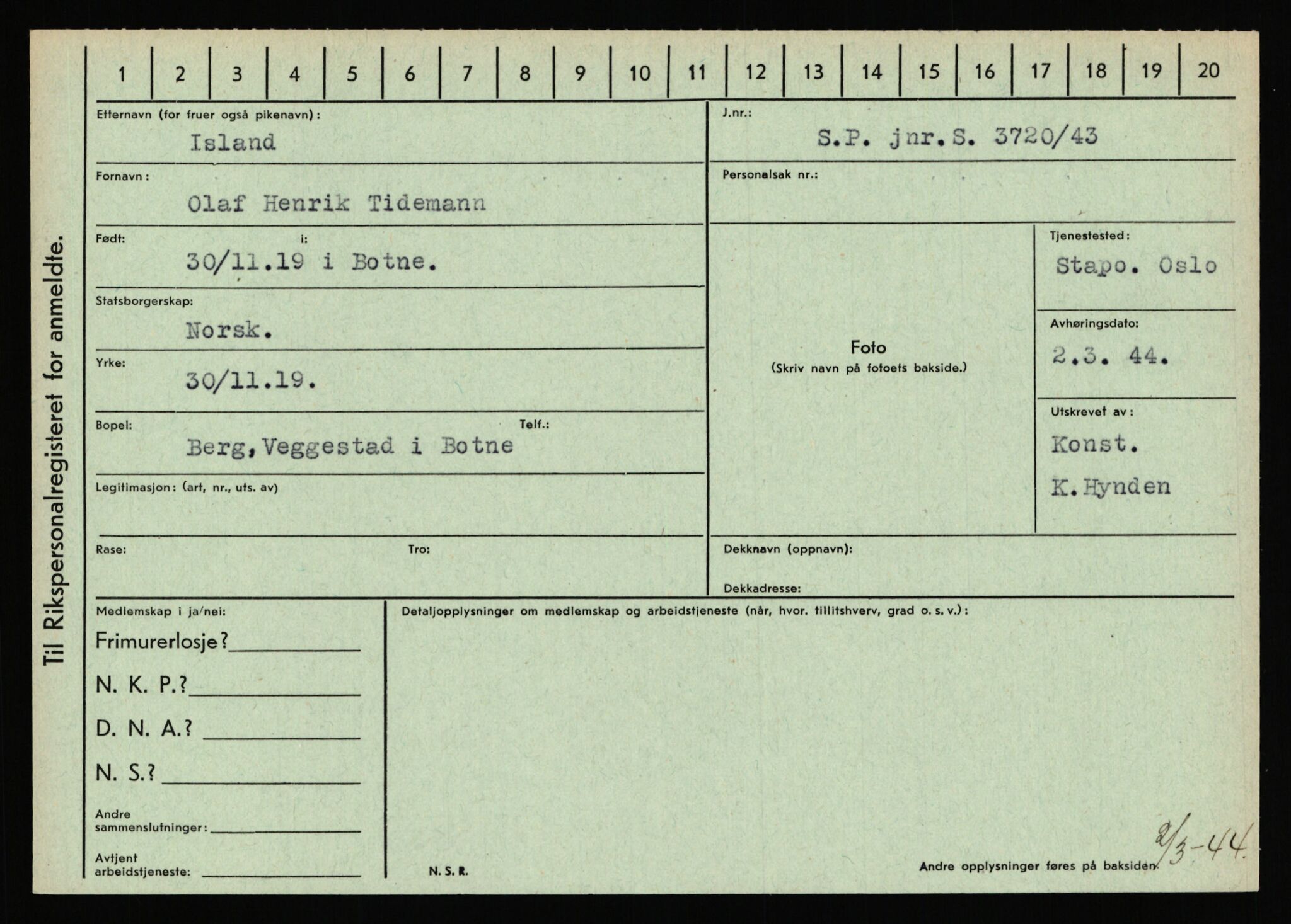 Statspolitiet - Hovedkontoret / Osloavdelingen, AV/RA-S-1329/C/Ca/L0007: Hol - Joelsen, 1943-1945, p. 2607