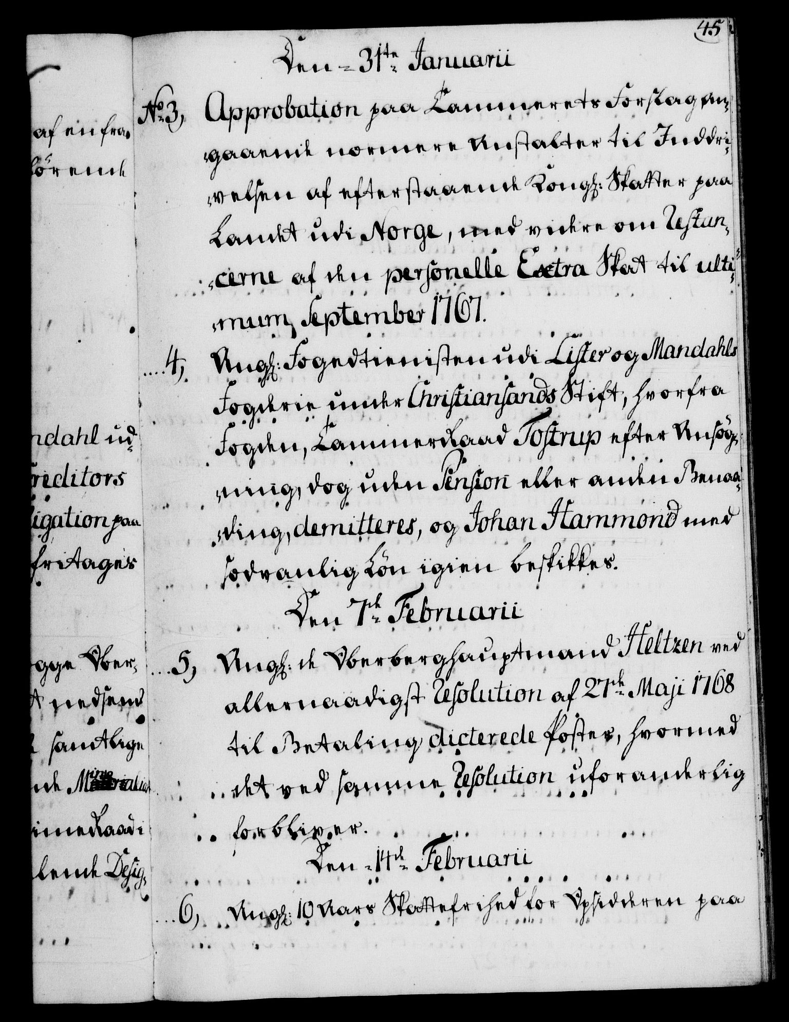 Rentekammeret, Kammerkanselliet, RA/EA-3111/G/Gf/Gfb/L0008: Register til norske relasjons- og resolusjonsprotokoller (merket RK 52.103), 1766-1771, p. 45