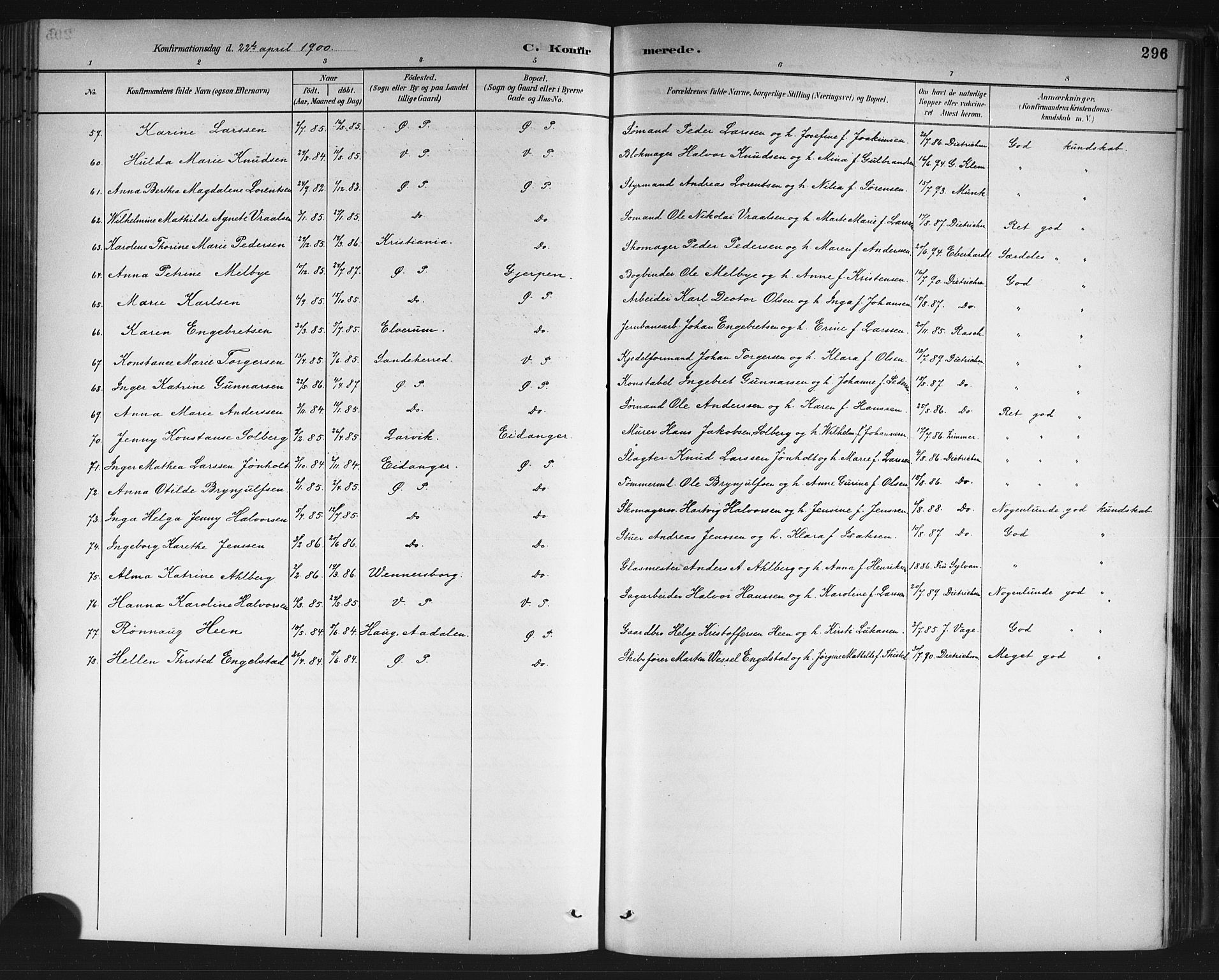 Porsgrunn kirkebøker , SAKO/A-104/G/Gb/L0005: Parish register (copy) no. II 5, 1883-1915, p. 296