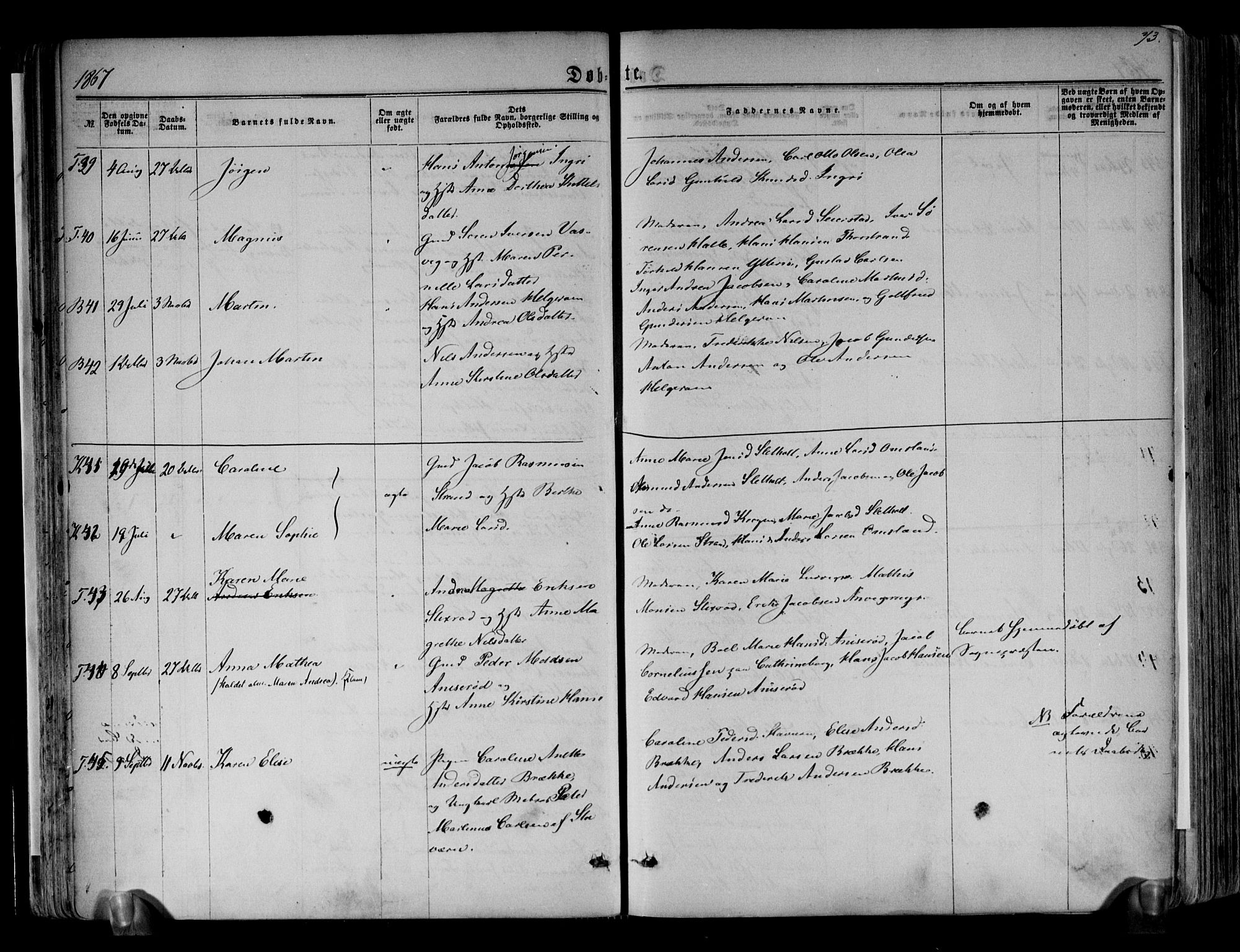 Brunlanes kirkebøker, AV/SAKO-A-342/F/Fa/L0005: Parish register (official) no. I 5, 1862-1877, p. 73