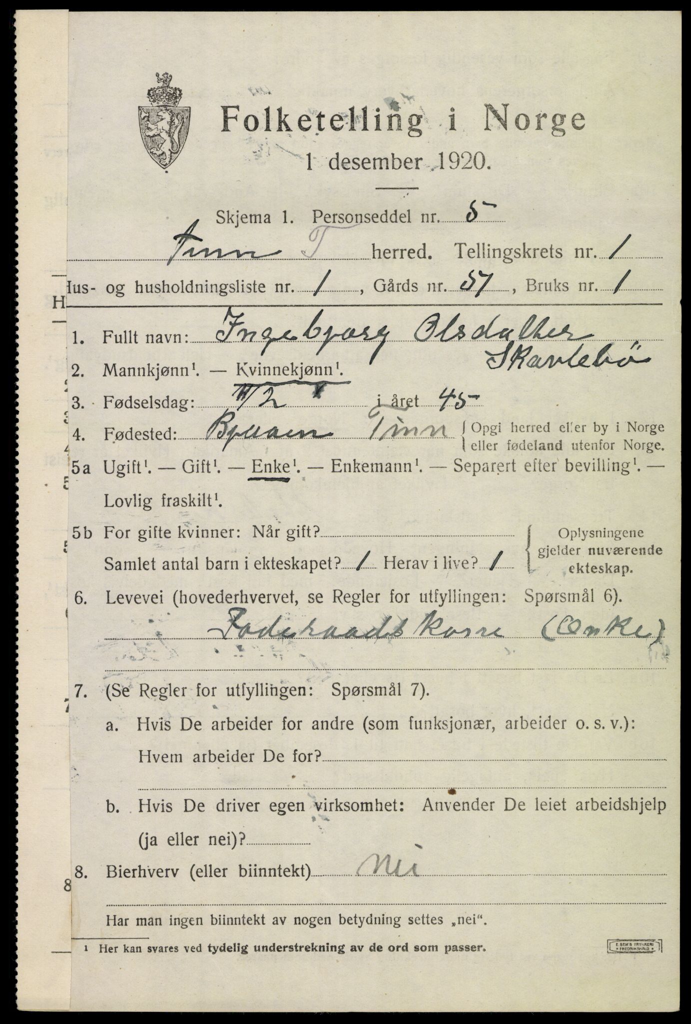 SAKO, 1920 census for Tinn, 1920, p. 2696