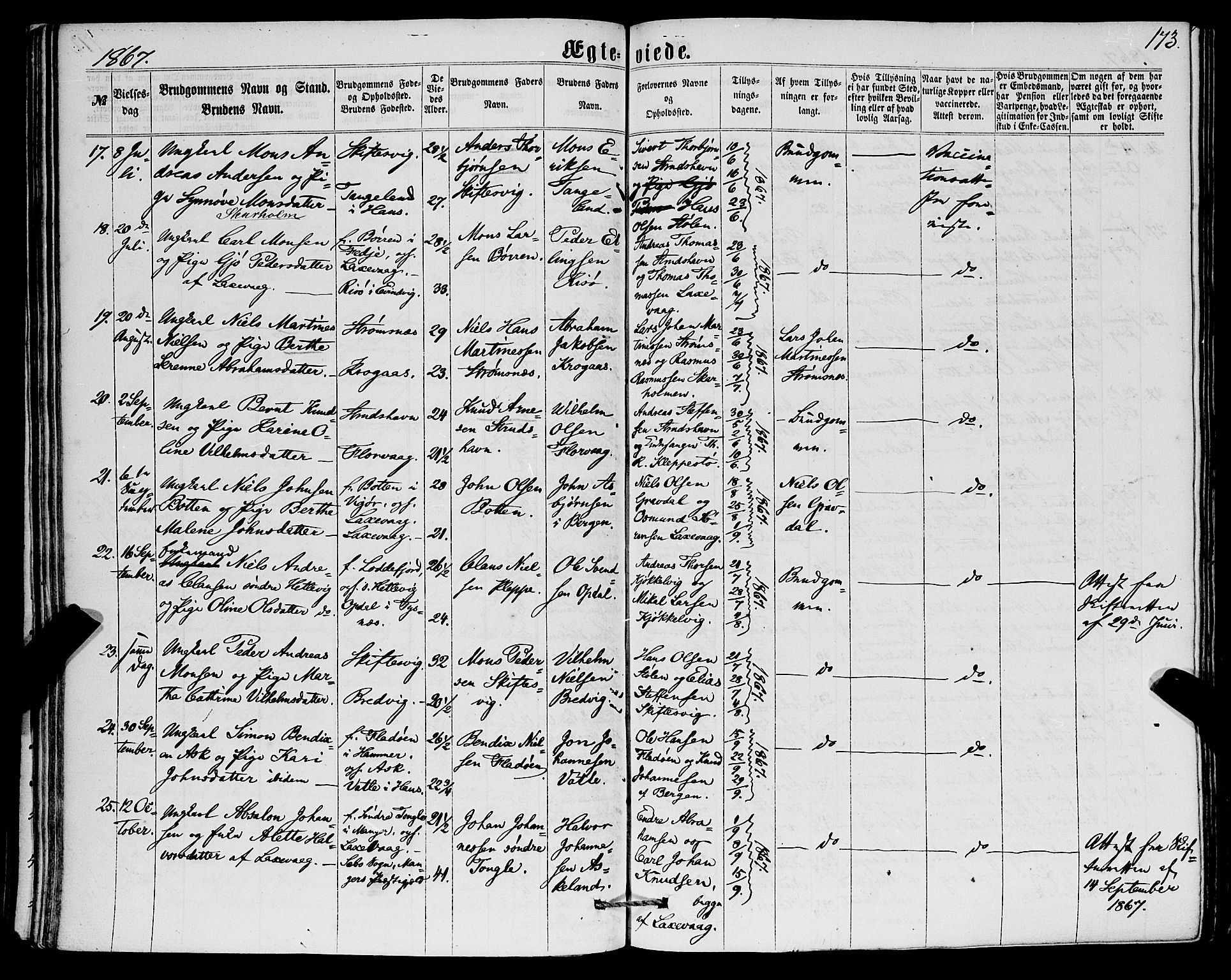 Askøy Sokneprestembete, AV/SAB-A-74101/H/Ha/Haa/Haaa/L0009: Parish register (official) no. A 9, 1863-1877, p. 173