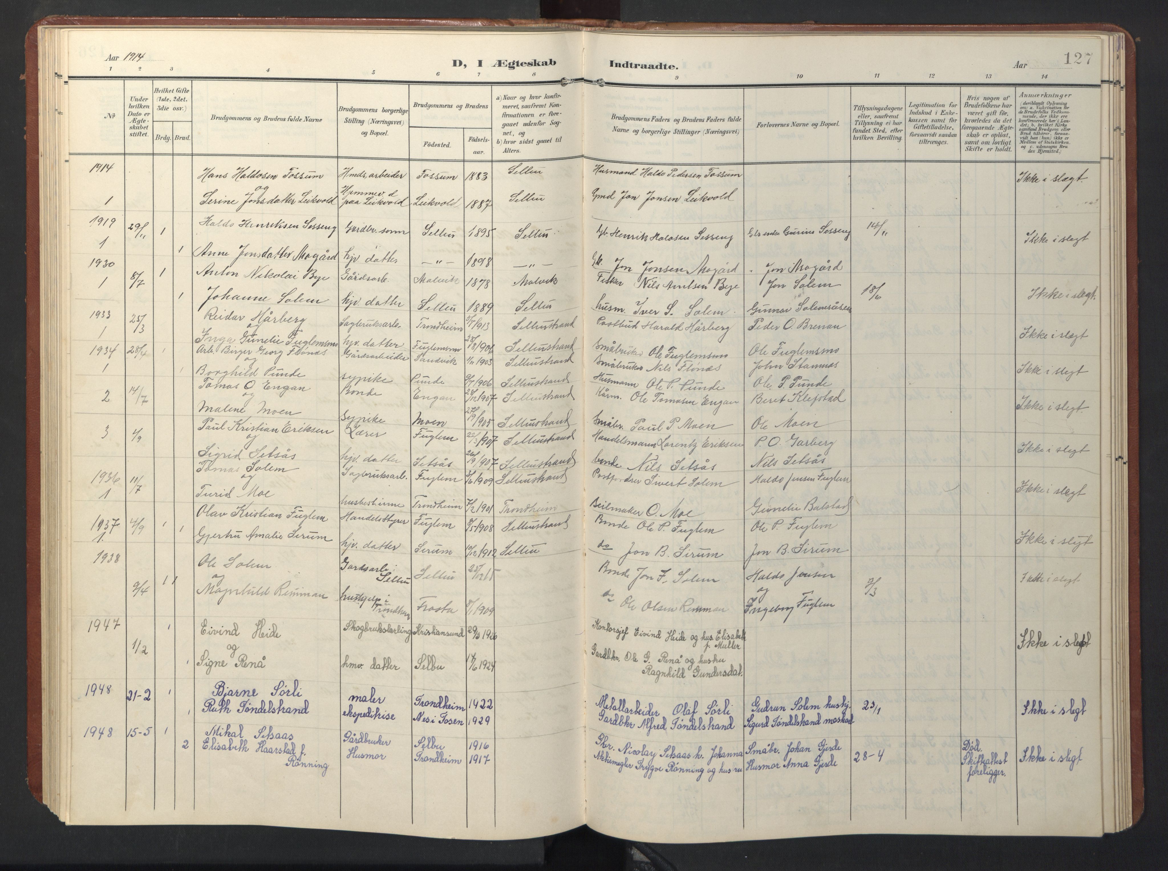 Ministerialprotokoller, klokkerbøker og fødselsregistre - Sør-Trøndelag, SAT/A-1456/696/L1161: Parish register (copy) no. 696C01, 1902-1950, p. 127