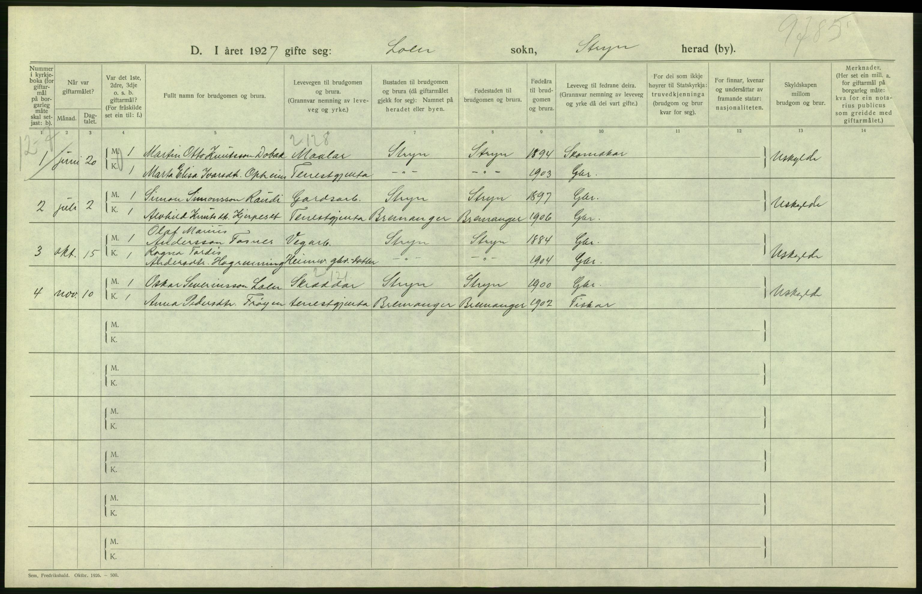 Statistisk sentralbyrå, Sosiodemografiske emner, Befolkning, AV/RA-S-2228/D/Df/Dfc/Dfcg/L0030: Sogn og Fjordane fylke: Gifte, døde. Bygder., 1927, p. 176