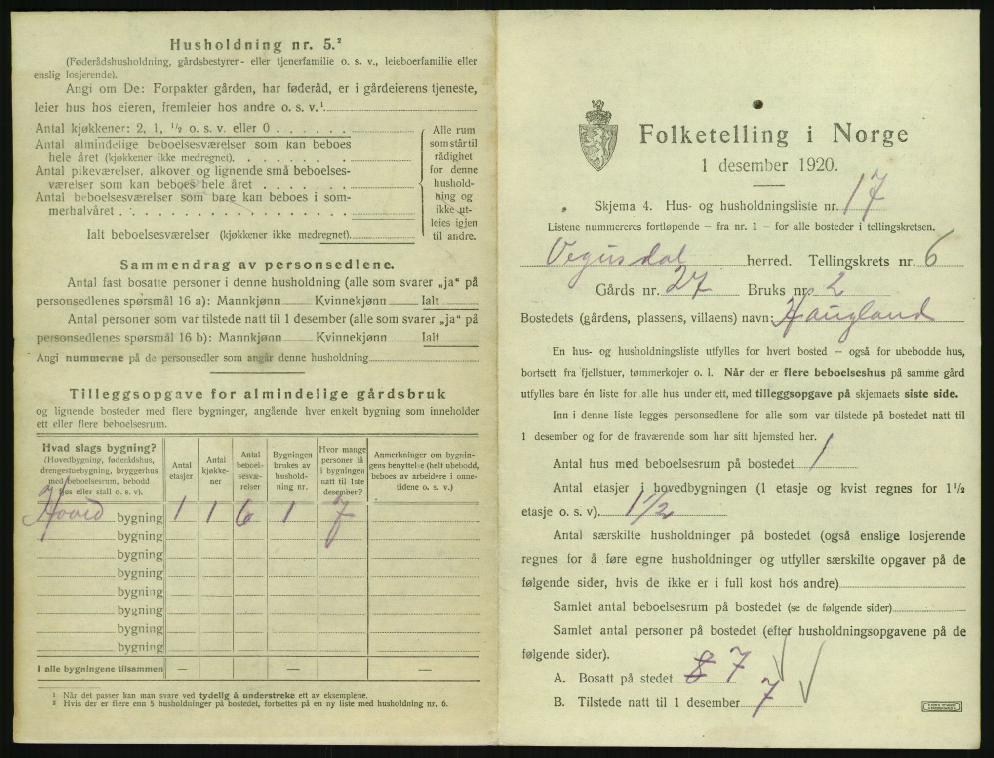 SAK, 1920 census for Vegusdal, 1920, p. 269