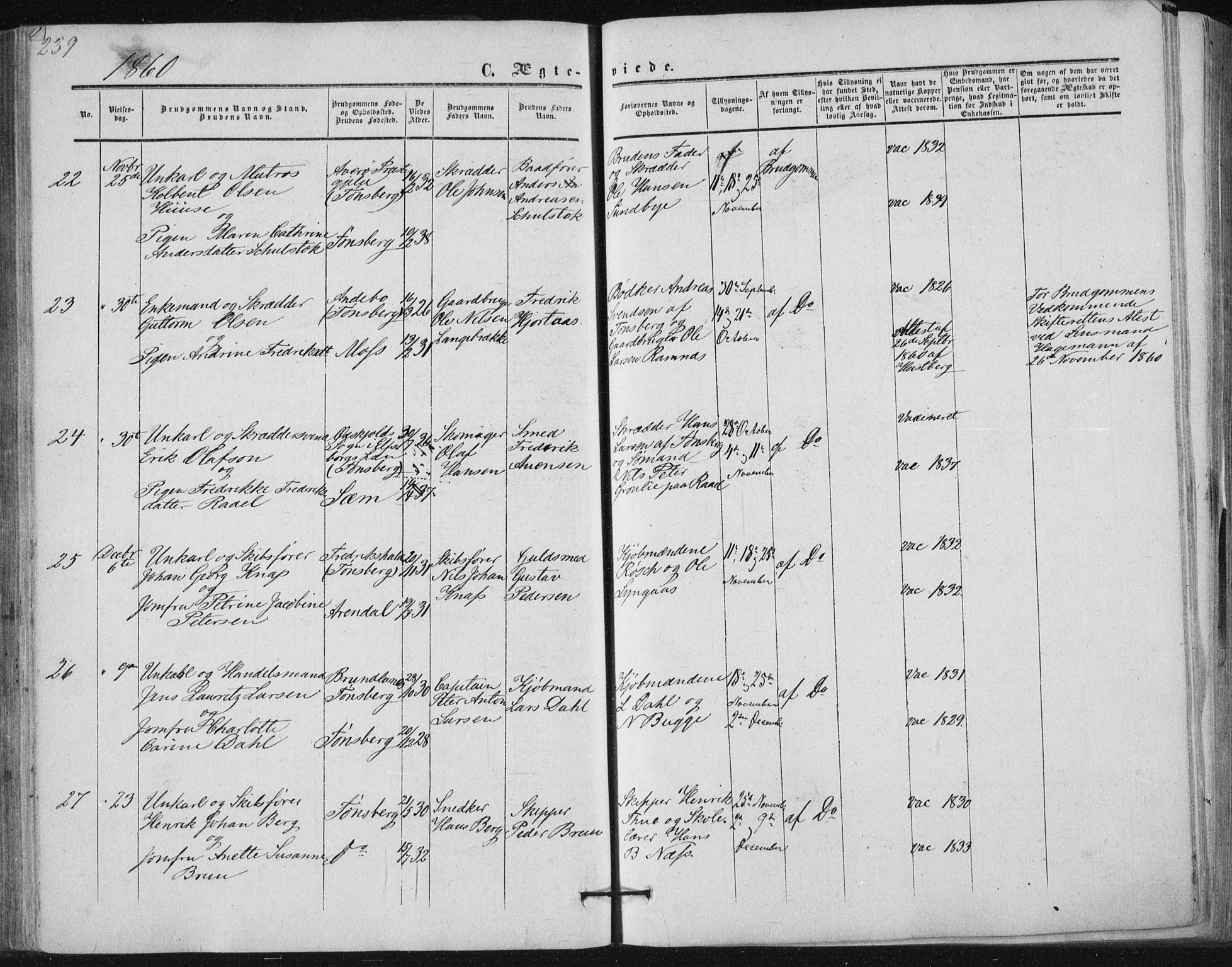 Tønsberg kirkebøker, SAKO/A-330/F/Fa/L0008: Parish register (official) no. I 8, 1855-1864, p. 239