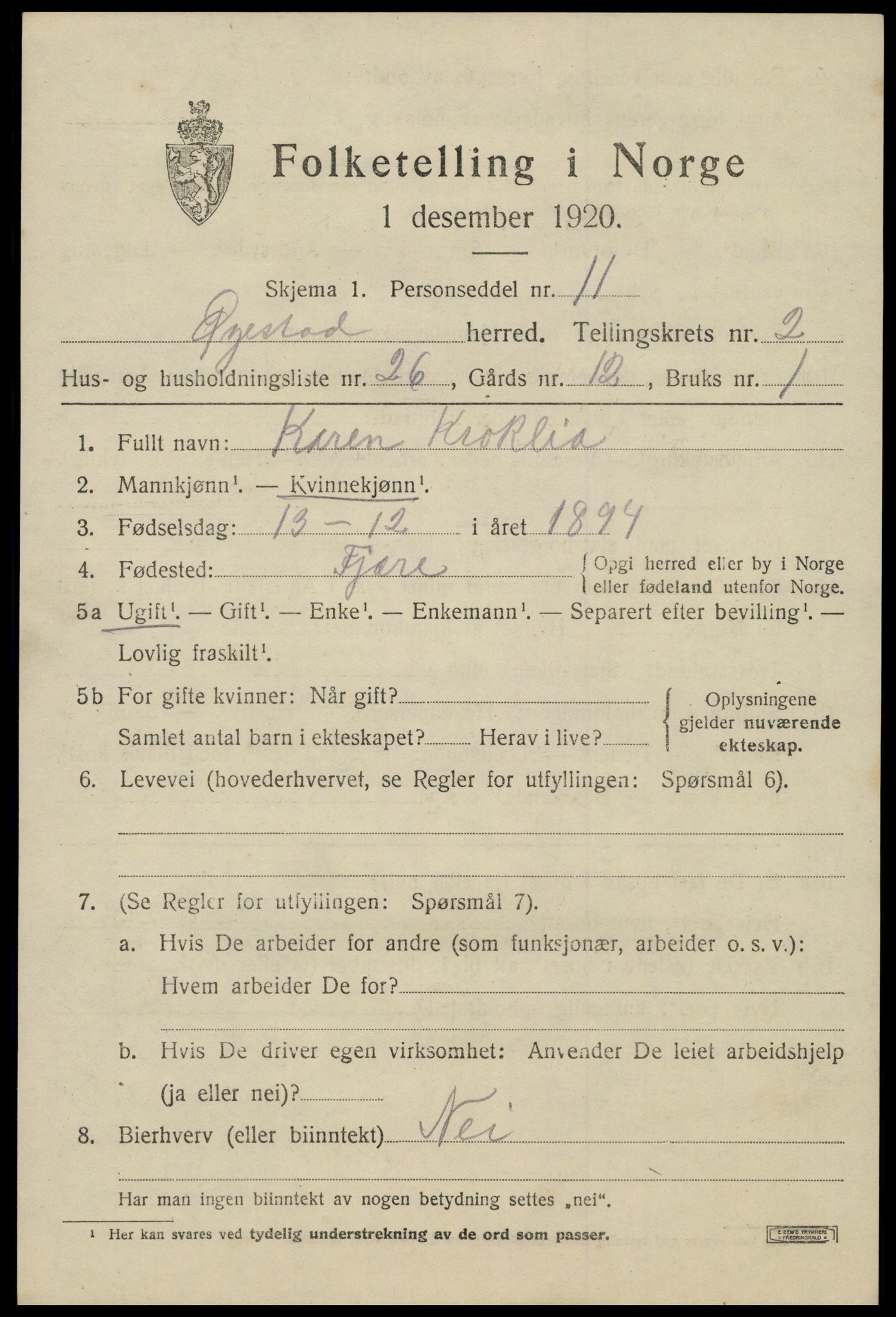 SAK, 1920 census for Øyestad, 1920, p. 2610