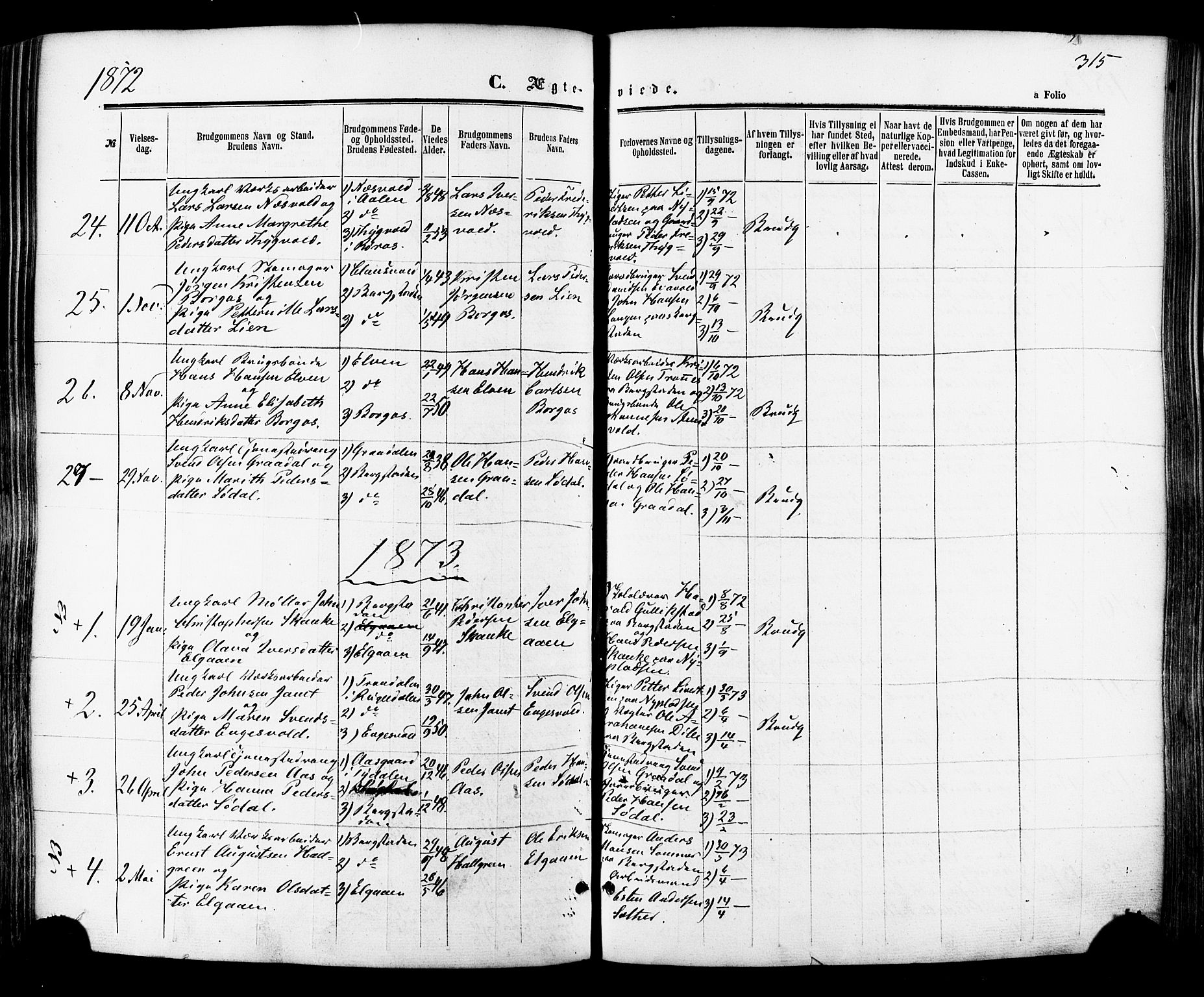 Ministerialprotokoller, klokkerbøker og fødselsregistre - Sør-Trøndelag, SAT/A-1456/681/L0932: Parish register (official) no. 681A10, 1860-1878, p. 315