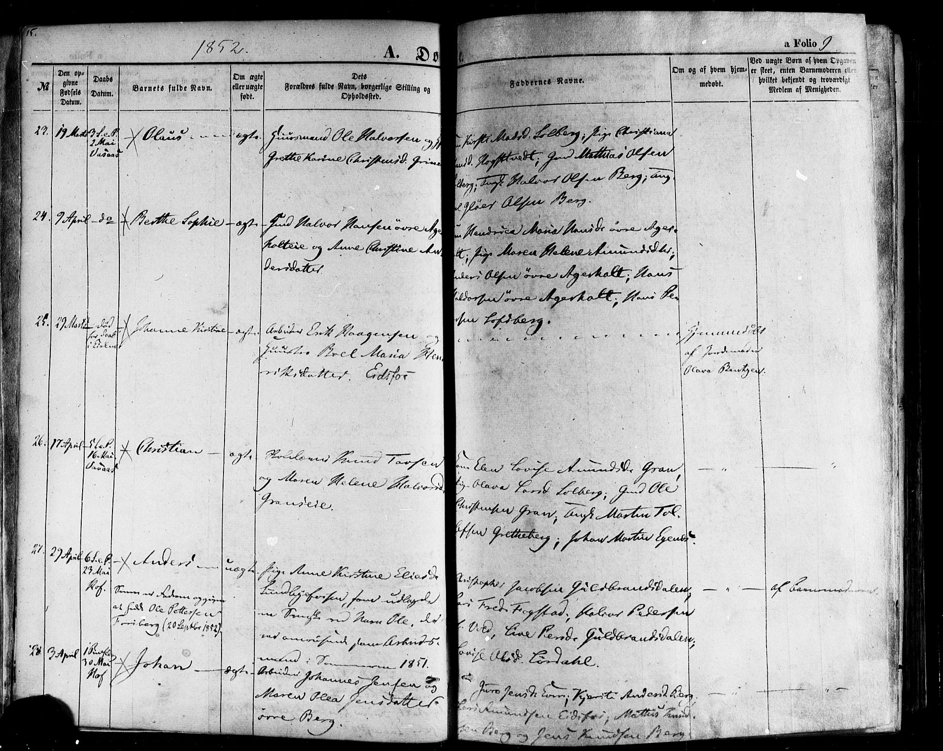 Hof kirkebøker, AV/SAKO-A-64/F/Fa/L0006: Parish register (official) no. I 6, 1851-1877, p. 9