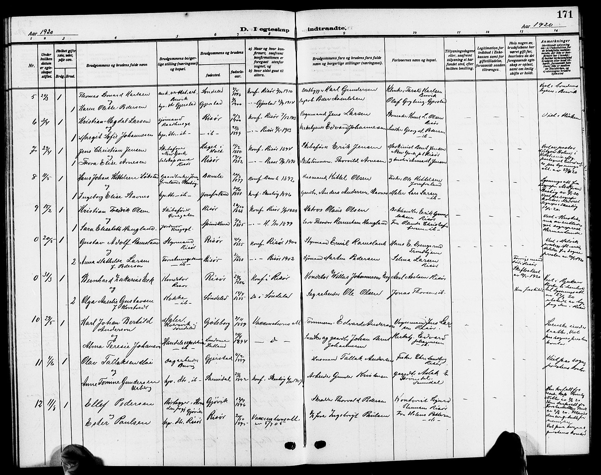 Risør sokneprestkontor, SAK/1111-0035/F/Fb/L0008: Parish register (copy) no. B 8, 1909-1921, p. 171