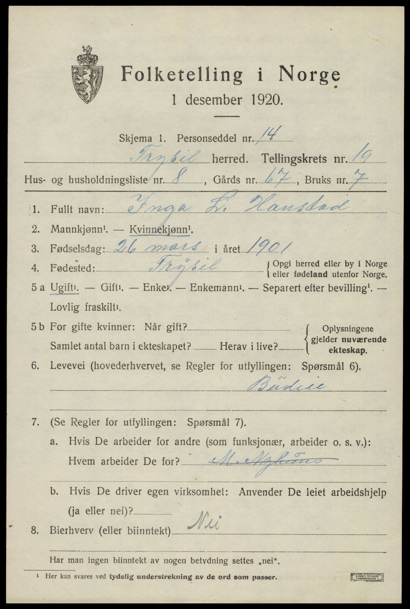 SAH, 1920 census for Trysil, 1920, p. 12841