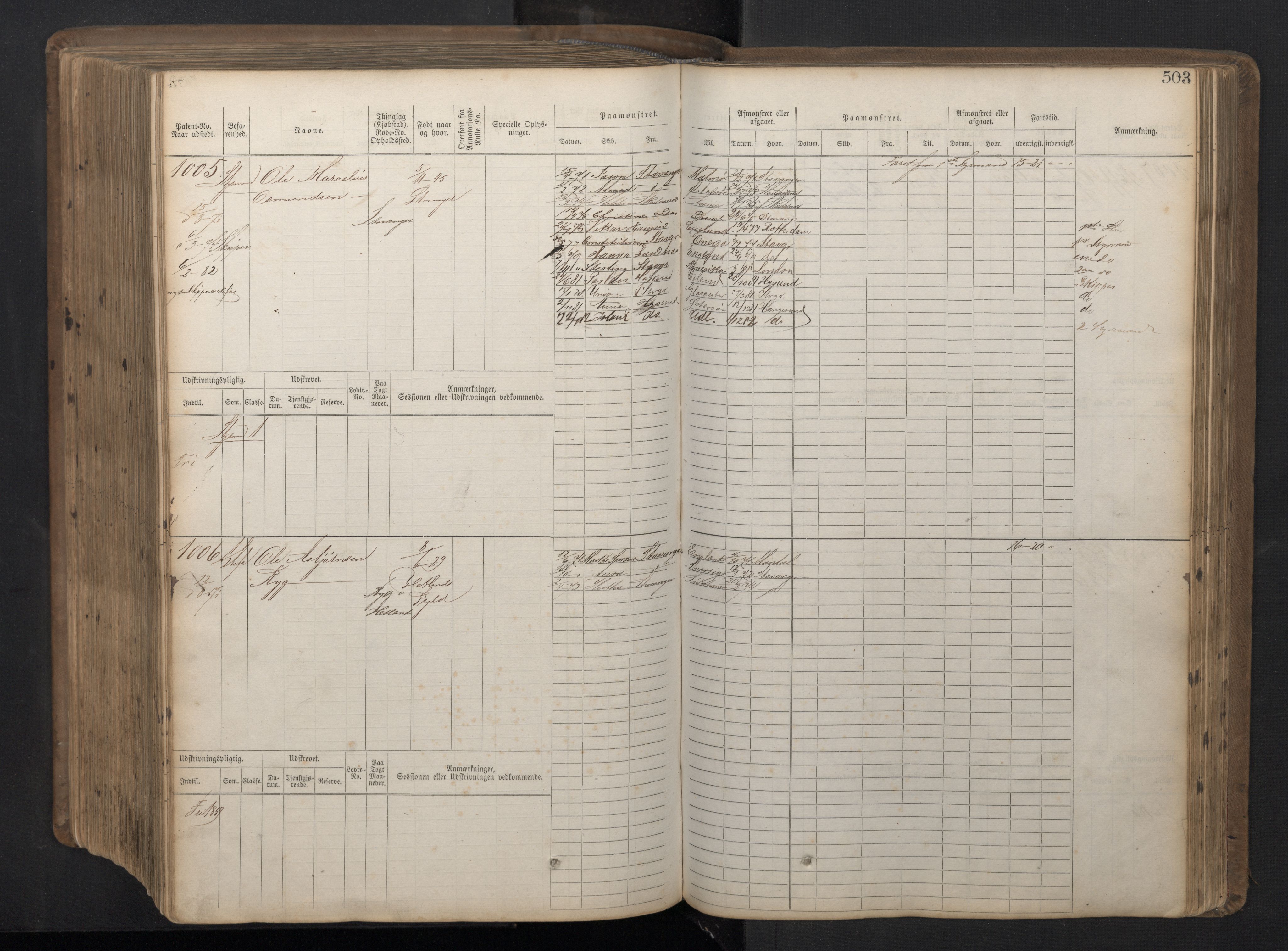 Stavanger sjømannskontor, AV/SAST-A-102006/F/Fb/Fbb/L0016: Sjøfartshovedrulle patnentnr. 1-1202 (dublett), 1869, p. 503