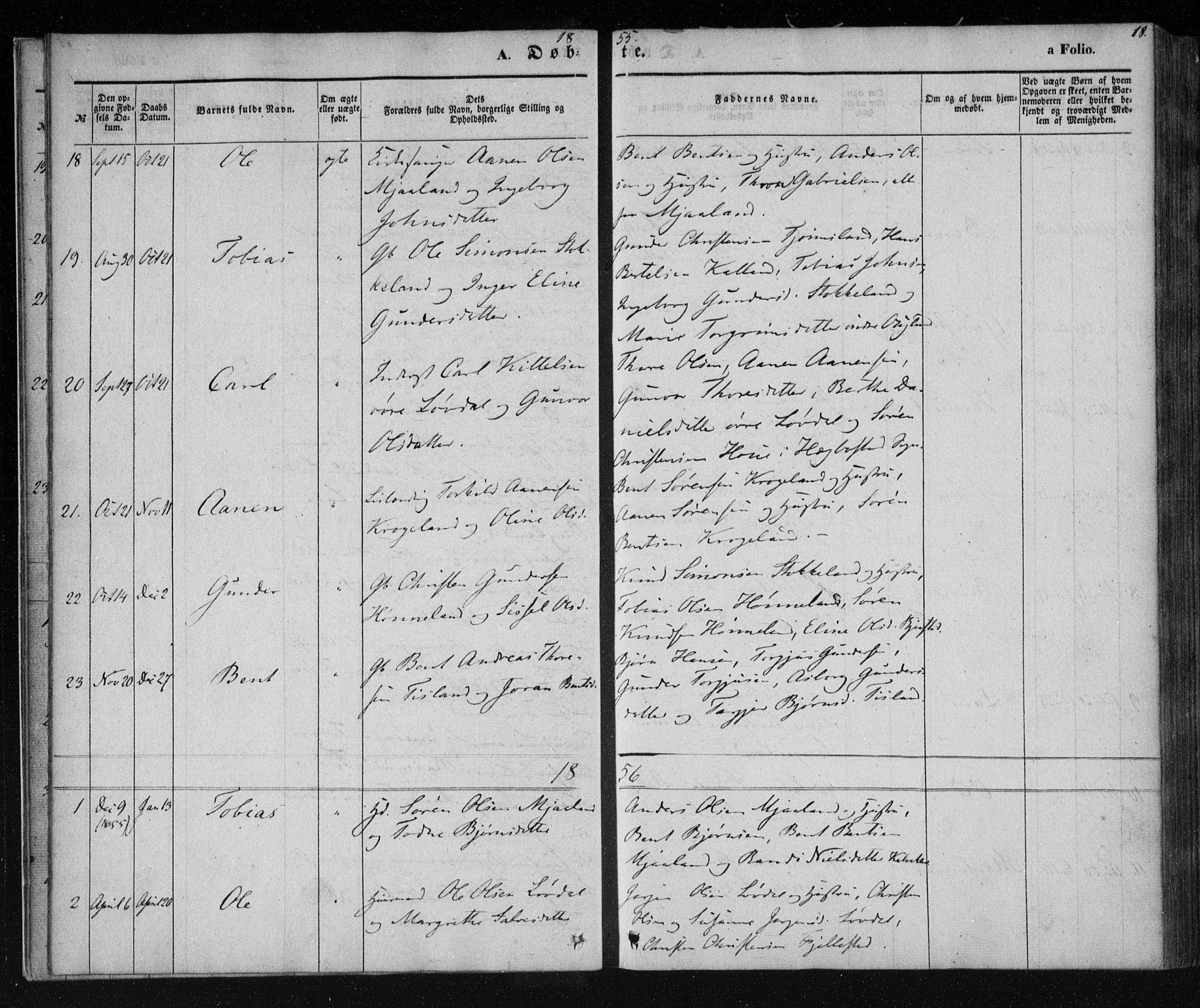 Holum sokneprestkontor, AV/SAK-1111-0022/F/Fa/Fab/L0005: Parish register (official) no. A 5, 1847-1874, p. 18