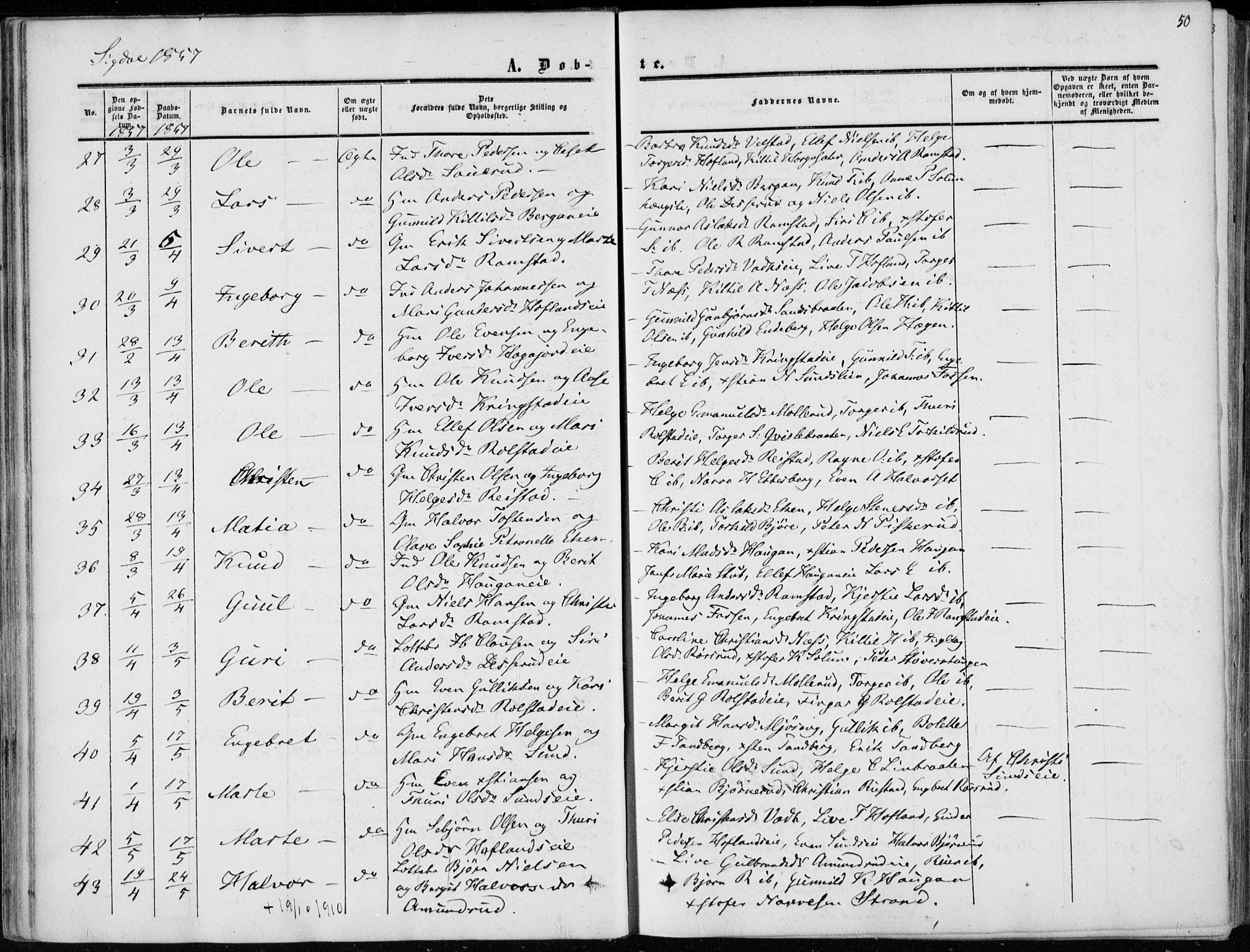 Sigdal kirkebøker, AV/SAKO-A-245/F/Fa/L0008: Parish register (official) no. I 8, 1850-1859, p. 50