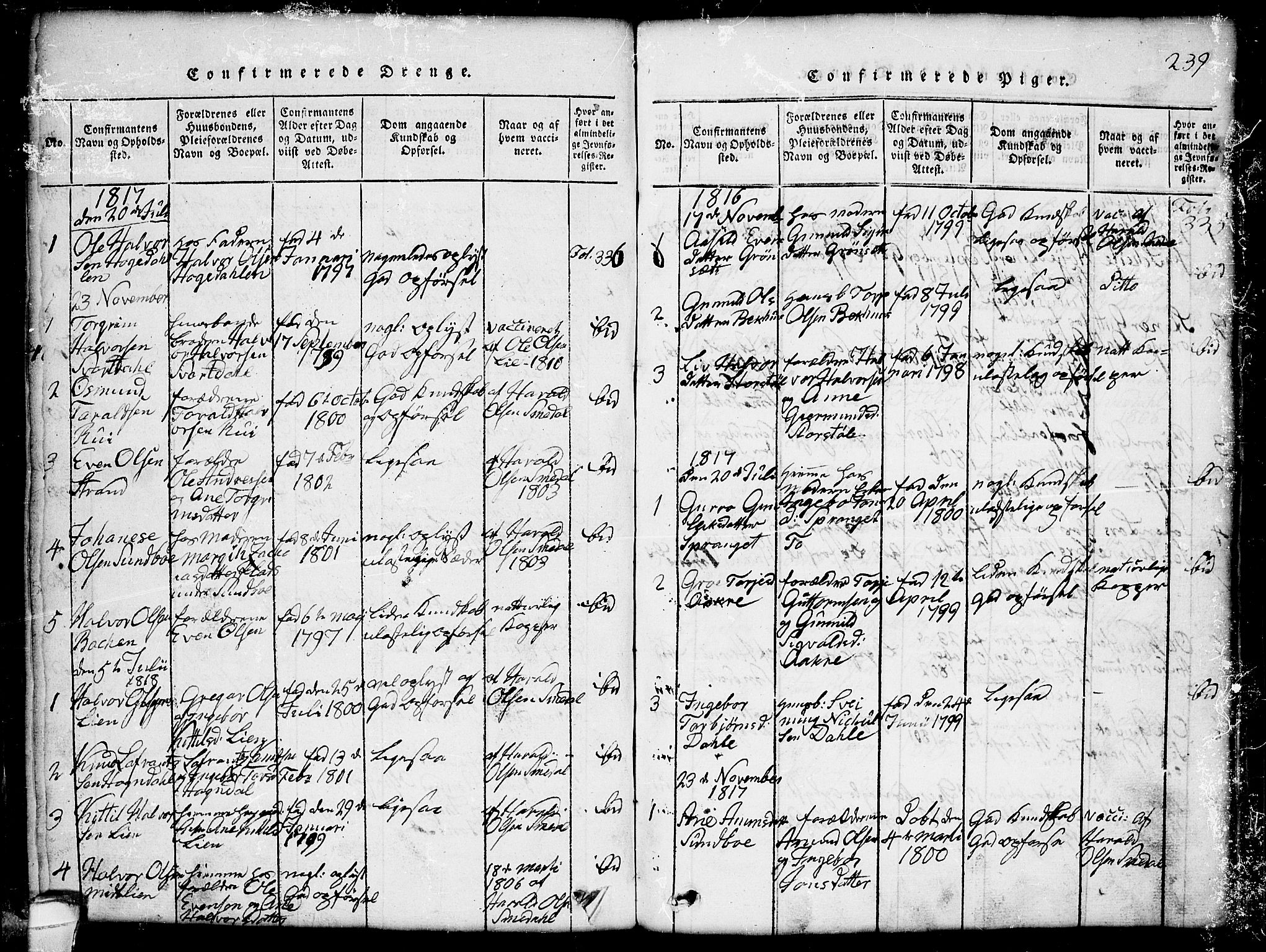 Seljord kirkebøker, SAKO/A-20/G/Gb/L0002: Parish register (copy) no. II 2, 1815-1854, p. 239