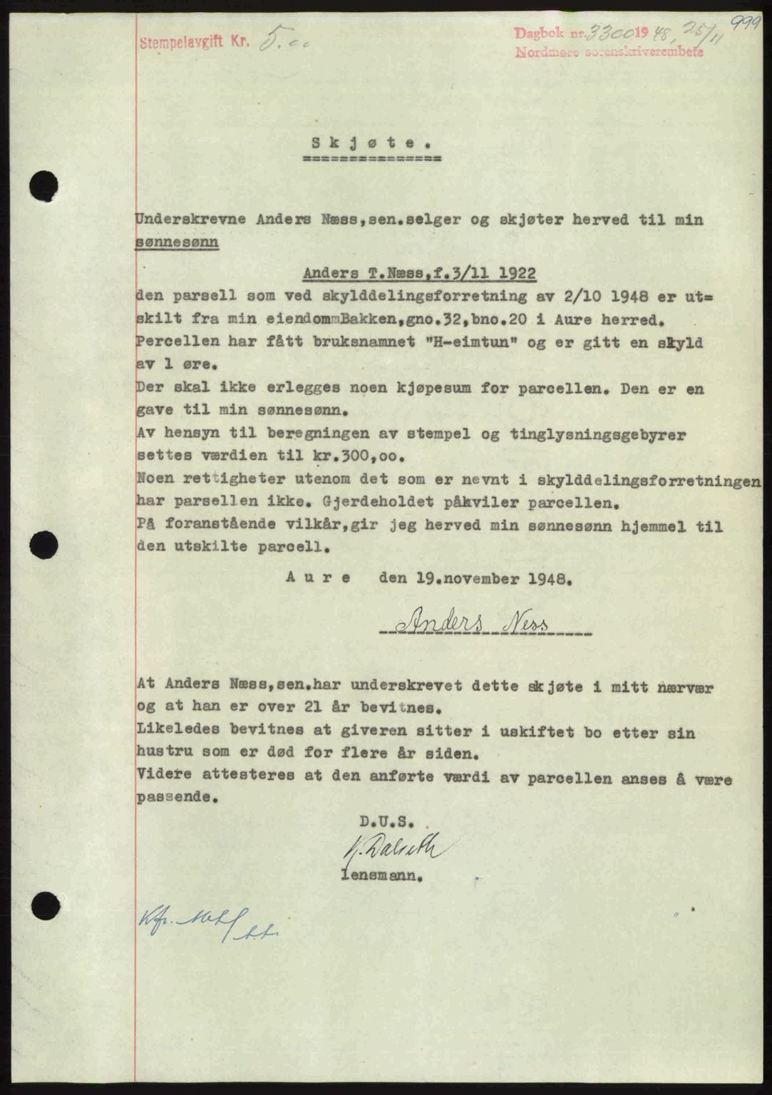 Nordmøre sorenskriveri, AV/SAT-A-4132/1/2/2Ca: Mortgage book no. A109, 1948-1948, Diary no: : 3300/1948