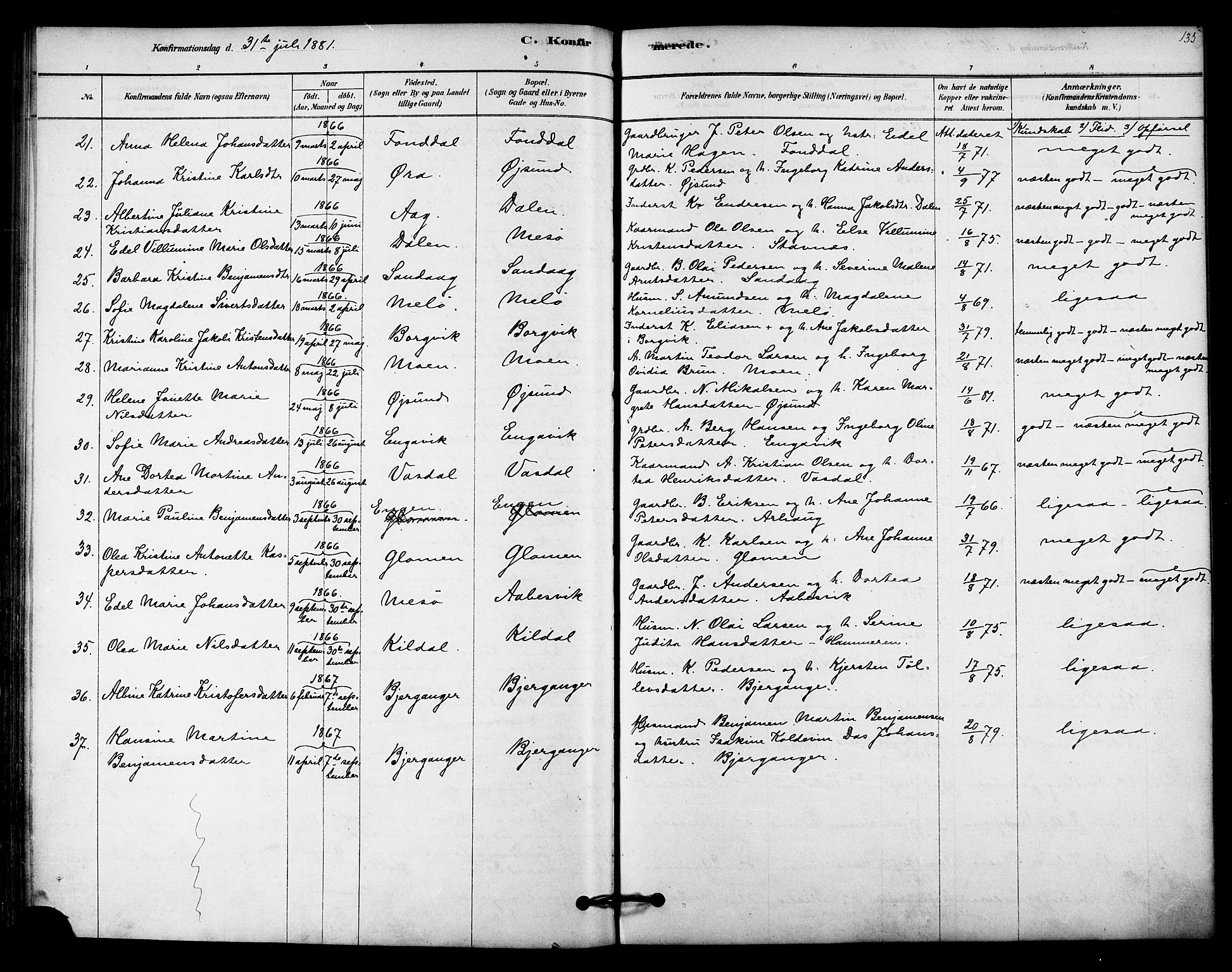 Ministerialprotokoller, klokkerbøker og fødselsregistre - Nordland, AV/SAT-A-1459/843/L0626: Parish register (official) no. 843A01, 1878-1907, p. 135