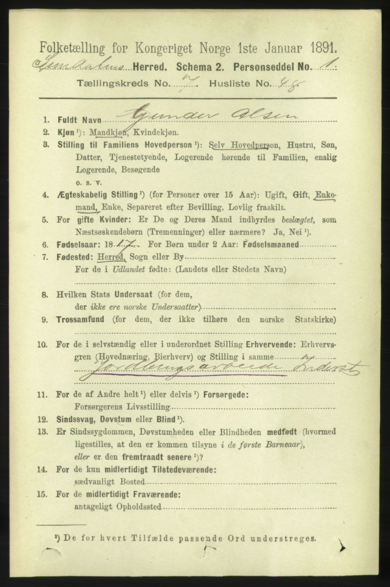 RA, 1891 census for 1563 Sunndal, 1891, p. 2113