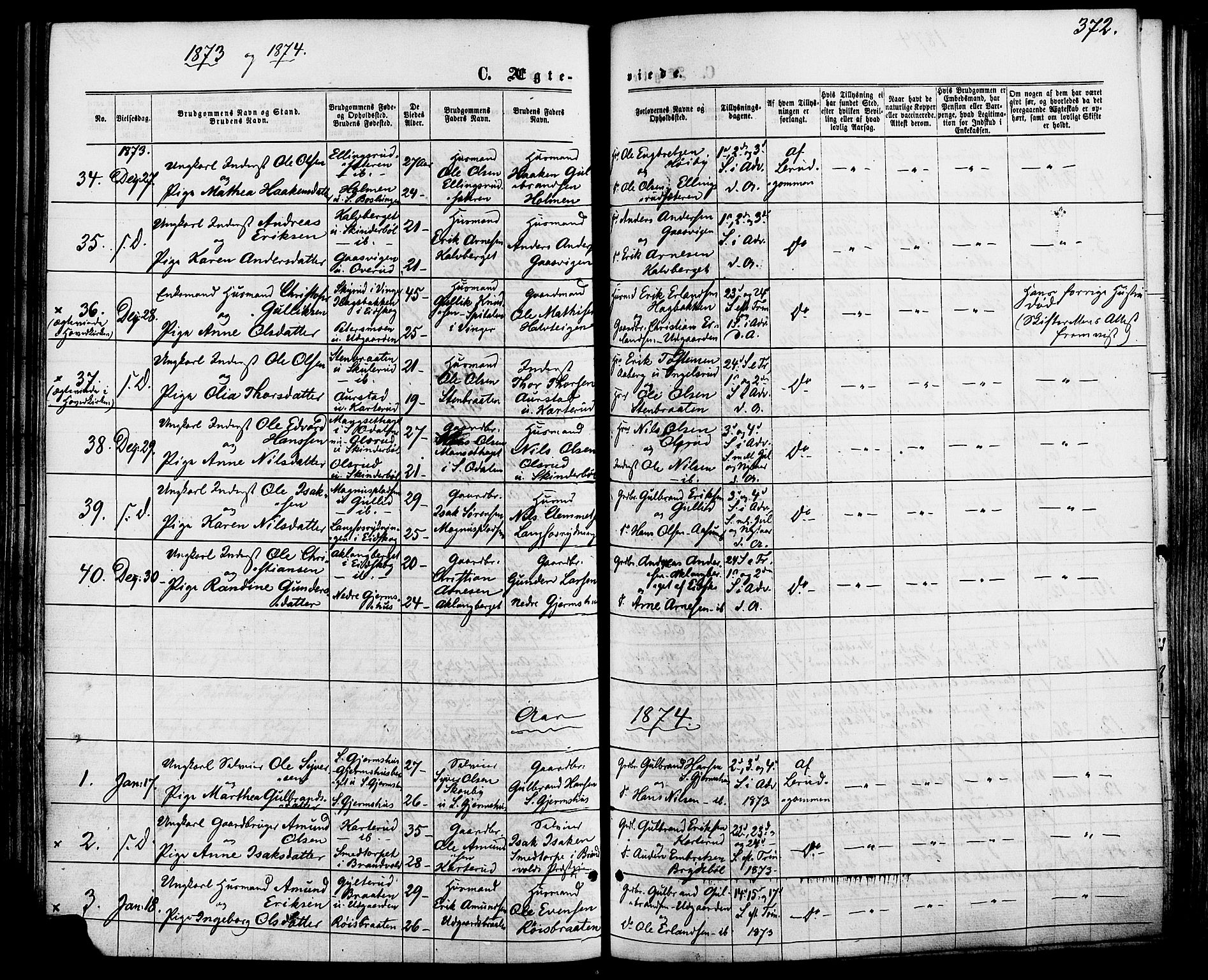 Vinger prestekontor, SAH/PREST-024/H/Ha/Haa/L0012: Parish register (official) no. 12, 1871-1880, p. 372