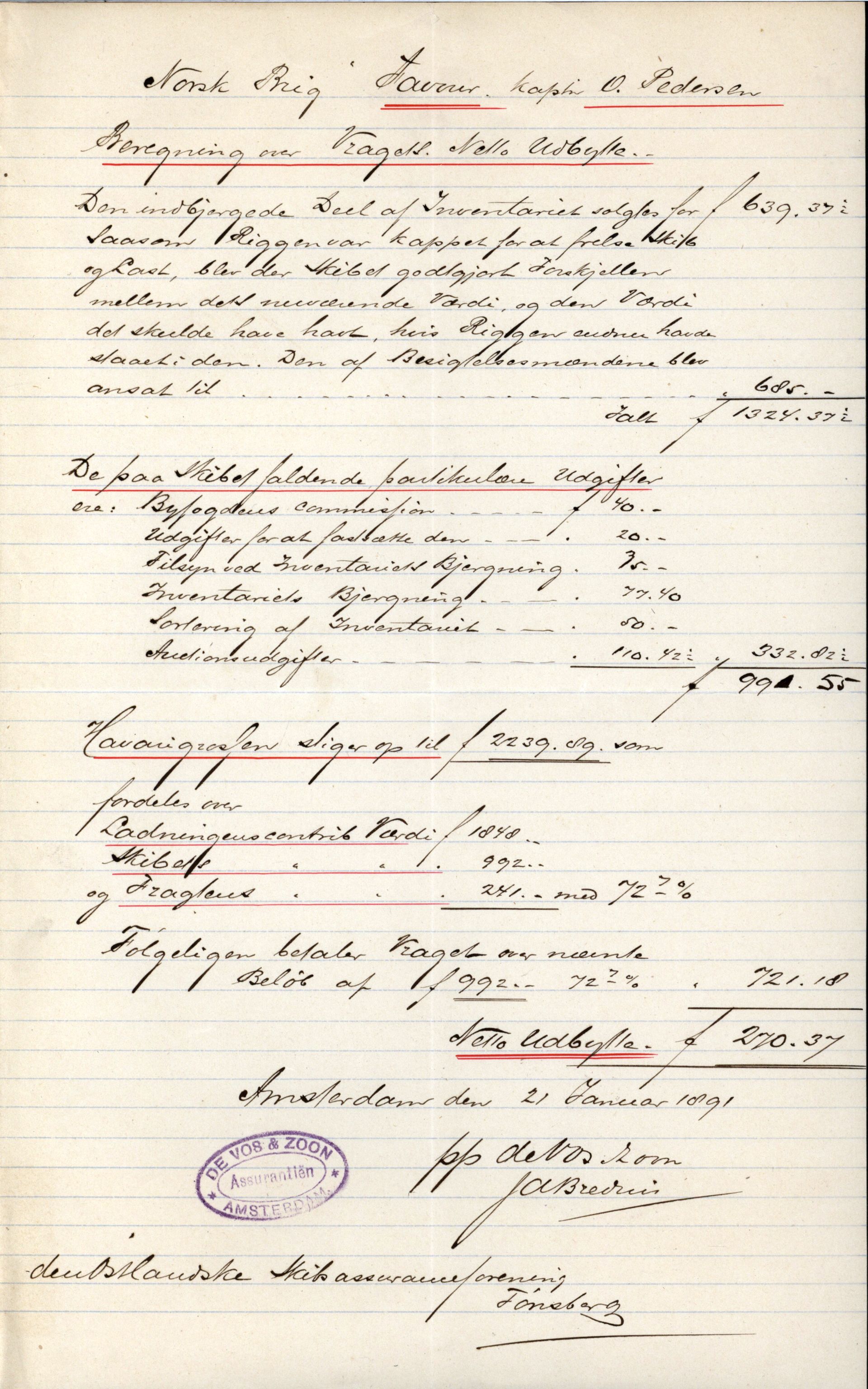 Pa 63 - Østlandske skibsassuranceforening, VEMU/A-1079/G/Ga/L0026/0005: Havaridokumenter / Kalliope, Kali, Maas, Favour, Lindesnæs, 1890, p. 74