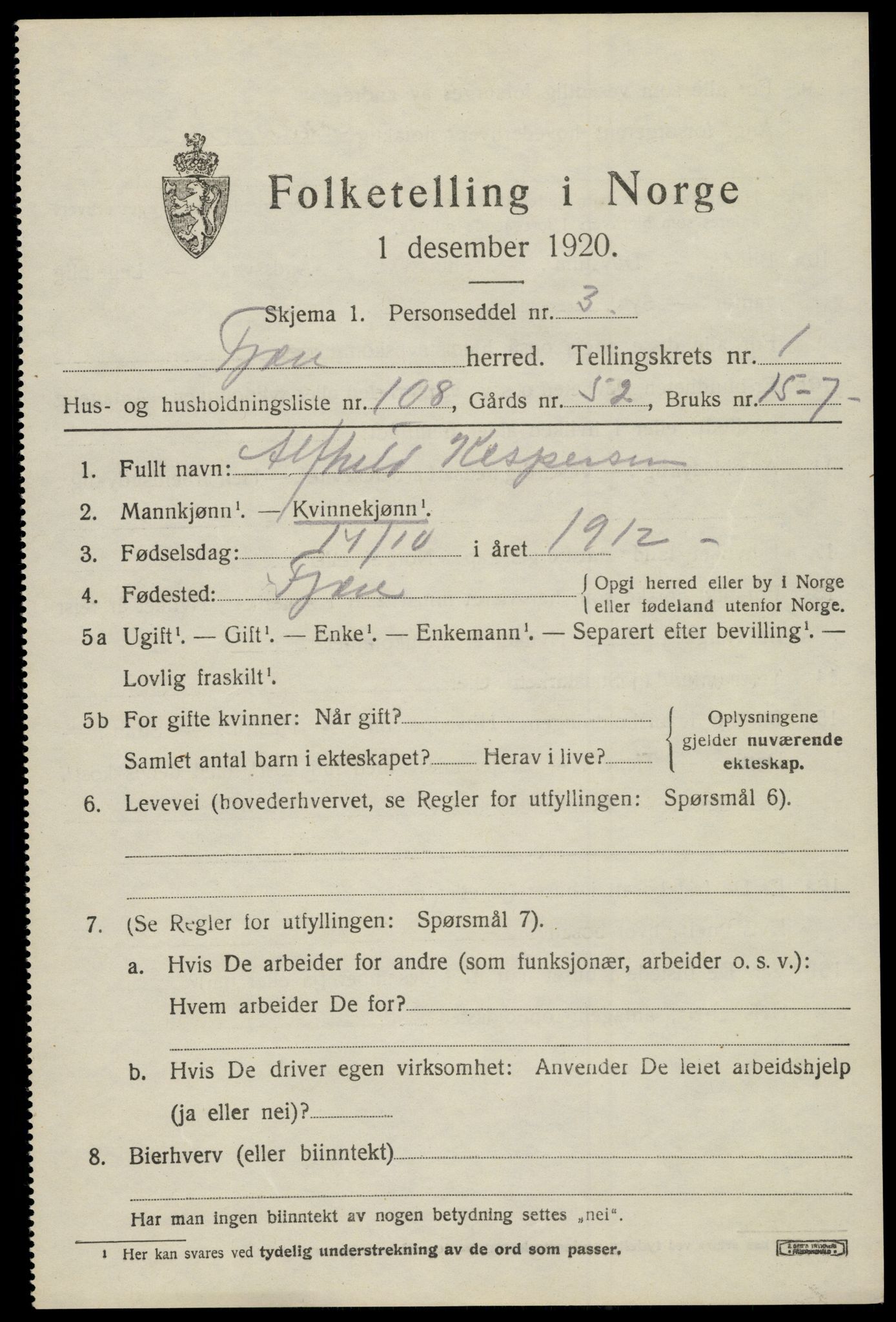 SAK, 1920 census for Fjære, 1920, p. 3251