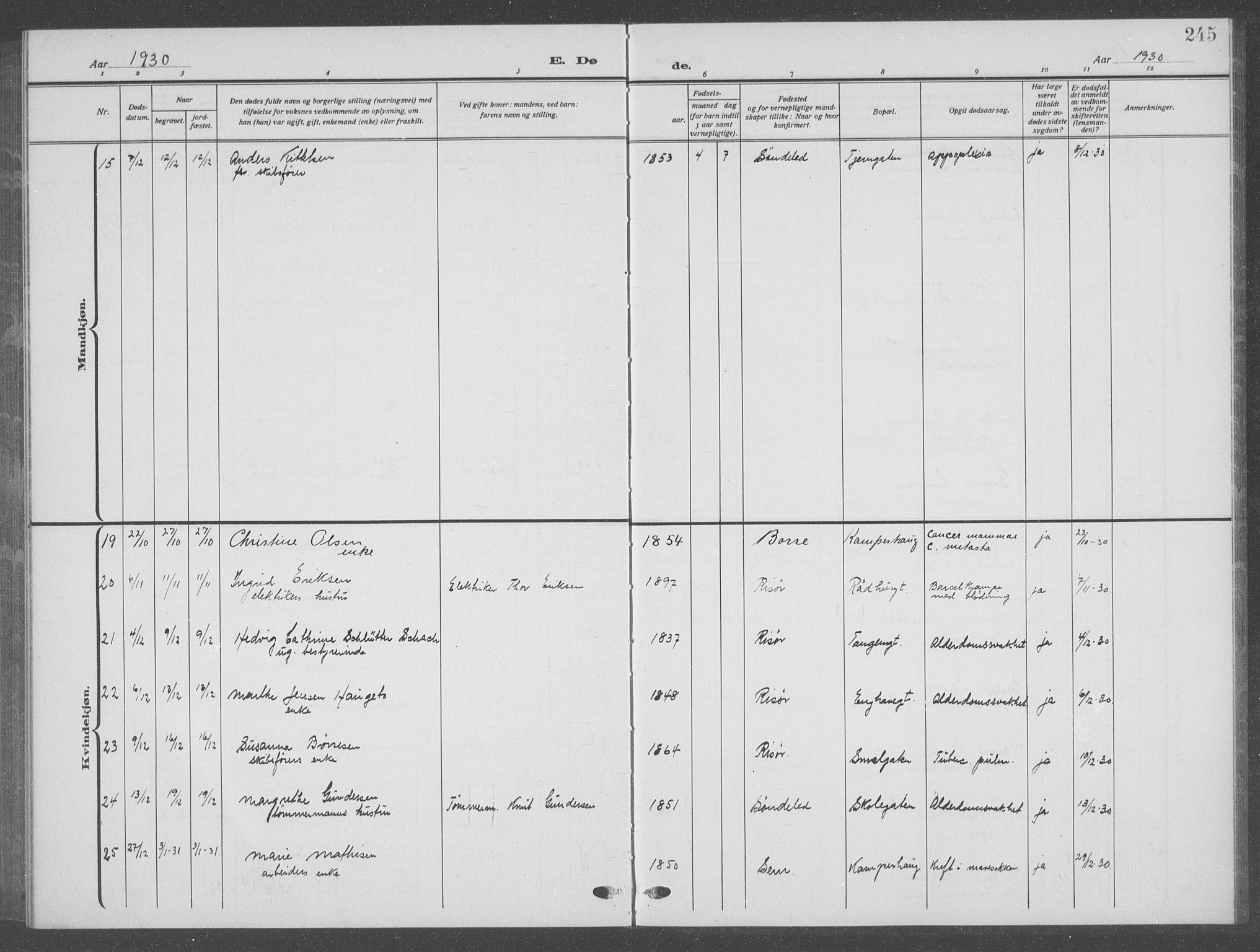 Risør sokneprestkontor, AV/SAK-1111-0035/F/Fb/L0009: Parish register (copy) no. B 9, 1922-1939, p. 245