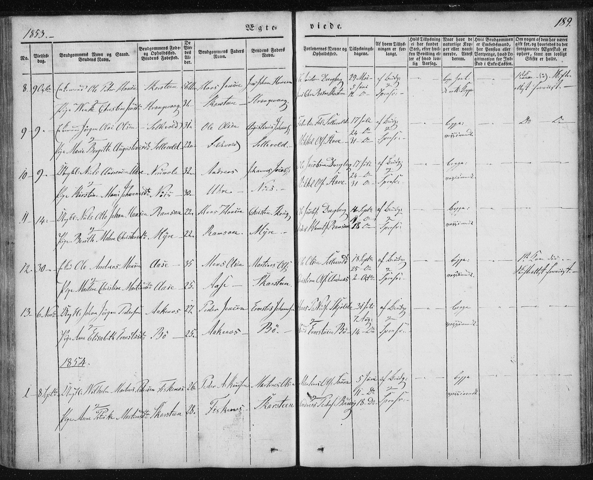 Ministerialprotokoller, klokkerbøker og fødselsregistre - Nordland, SAT/A-1459/897/L1396: Parish register (official) no. 897A04, 1842-1866, p. 189