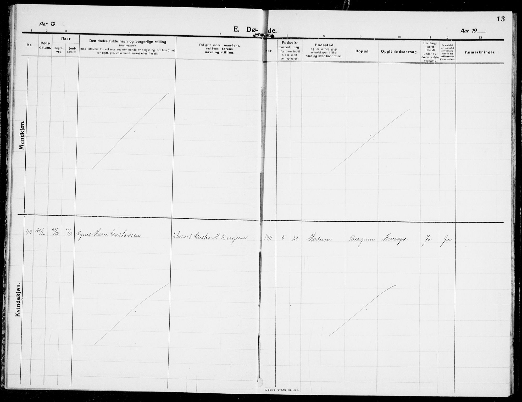 Modum kirkebøker, SAKO/A-234/G/Ga/L0011: Parish register (copy) no. I 11, 1910-1925, p. 13