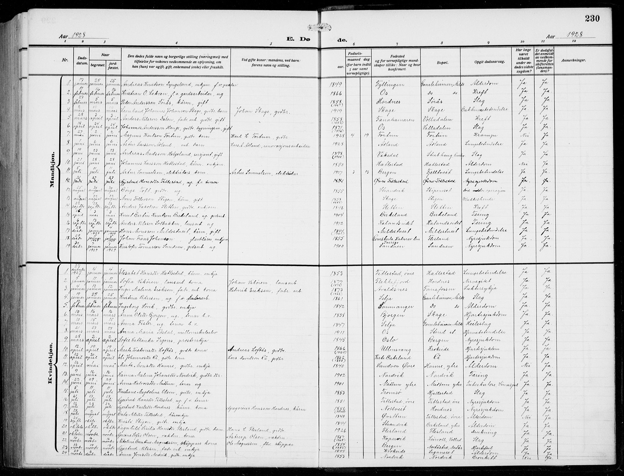 Fana Sokneprestembete, AV/SAB-A-75101/H/Hab/Haba/L0005: Parish register (copy) no. A 5, 1911-1932, p. 230