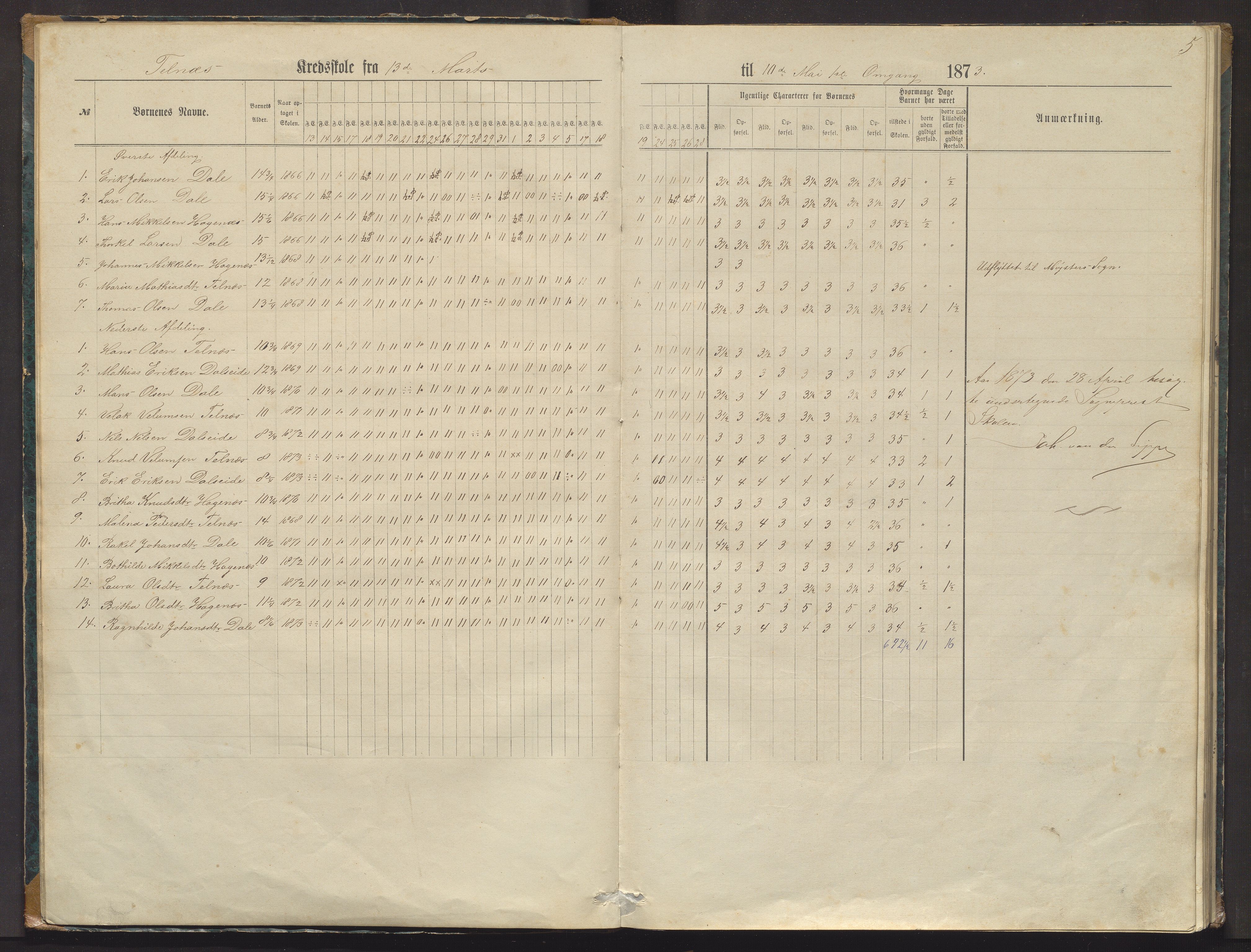 Fjell sokneprestembete, AV/SAB-A-75301/J/Jb/Jbb/L0001: Dagsjournal for Tellnes, Arefjord og Bjorøy krins, 1872-1880