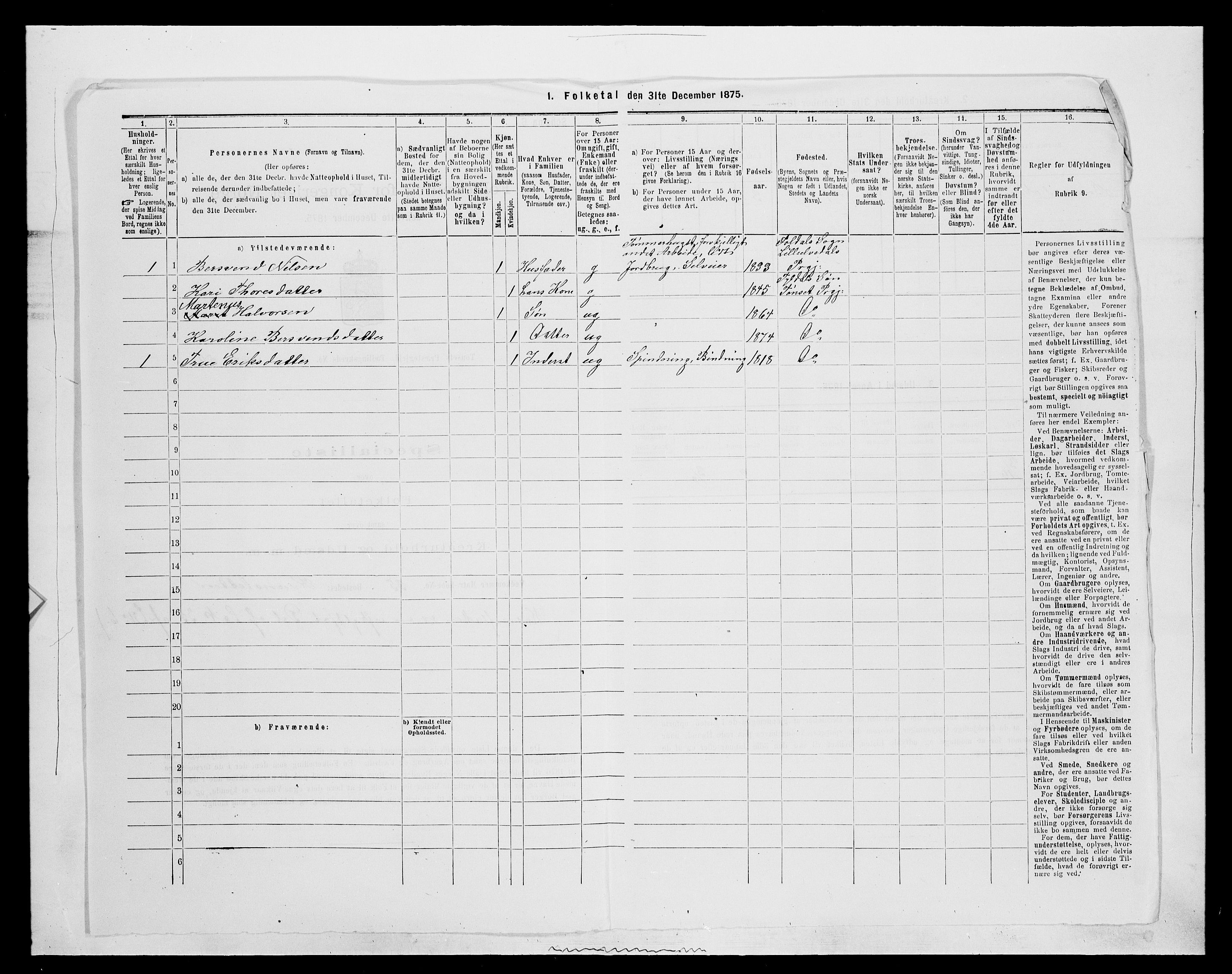 SAH, 1875 census for 0437P Tynset, 1875, p. 297