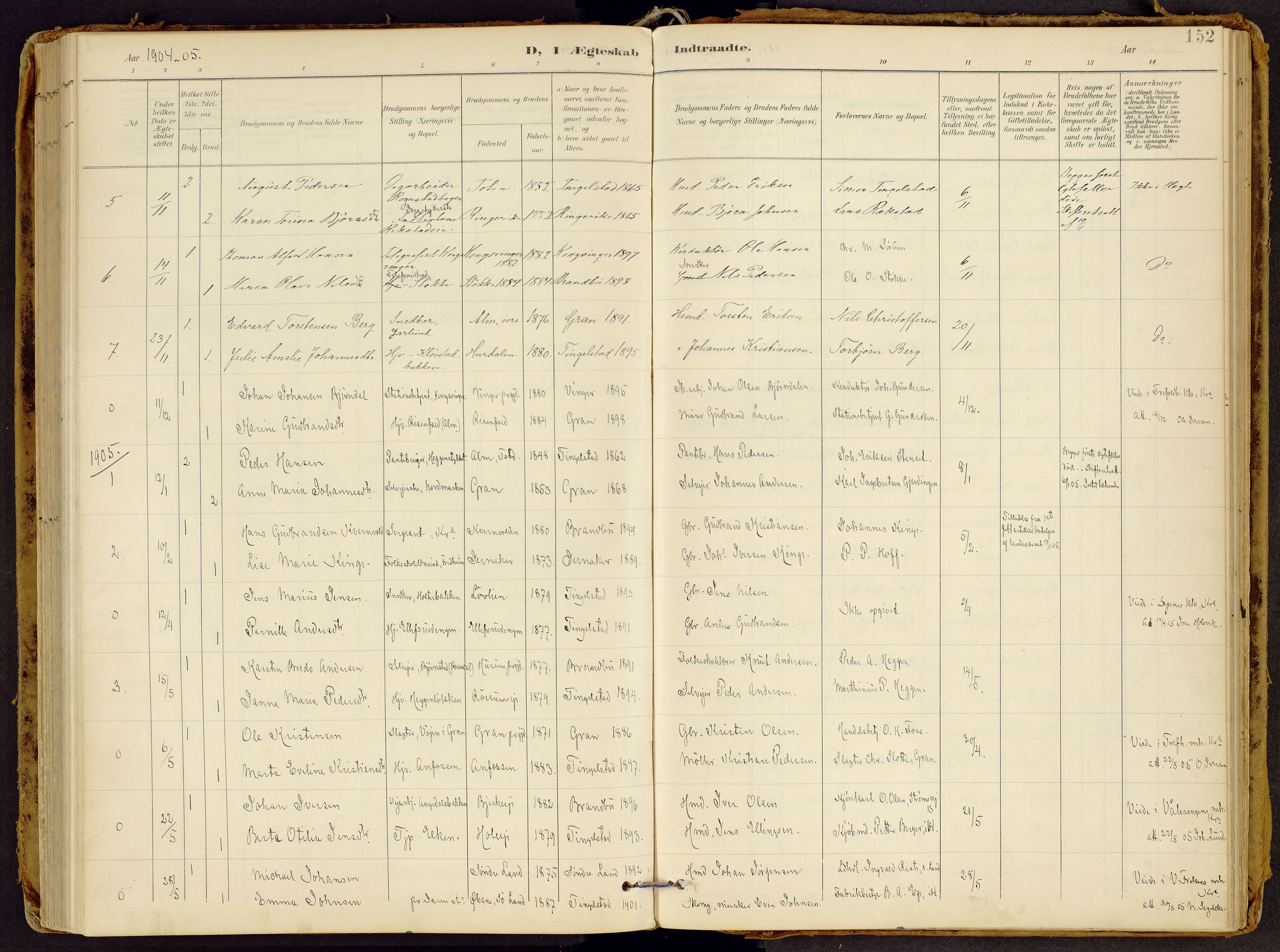 Brandbu prestekontor, SAH/PREST-114/H/Ha/Haa/L0002: Parish register (official) no. 2, 1899-1914, p. 152