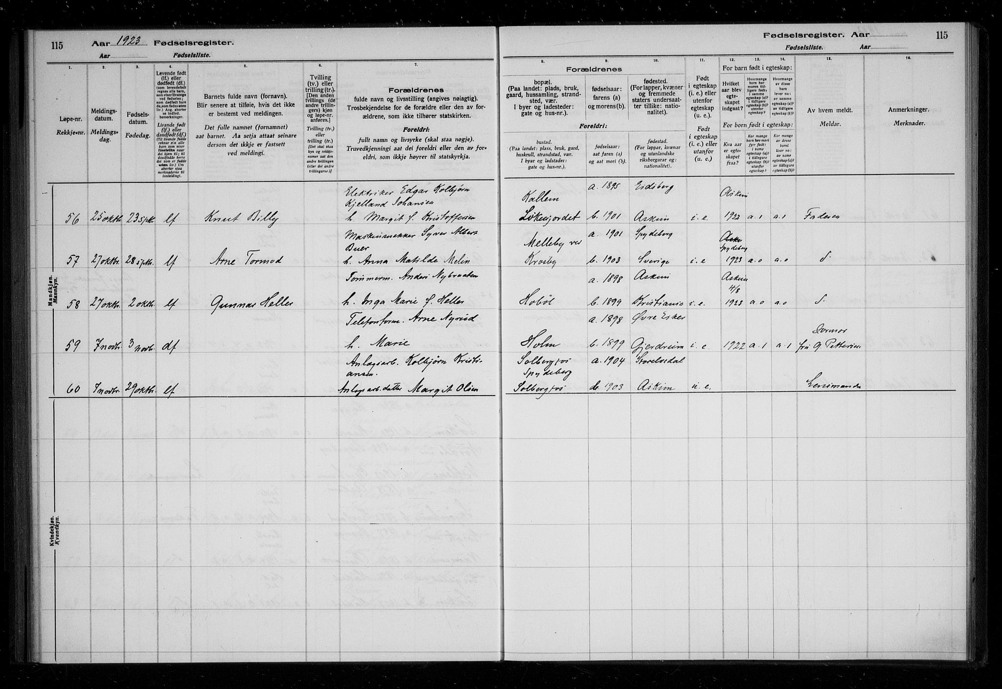 Askim prestekontor Kirkebøker, AV/SAO-A-10900/J/Ja/L0001: Birth register no. 1, 1916-1929, p. 115