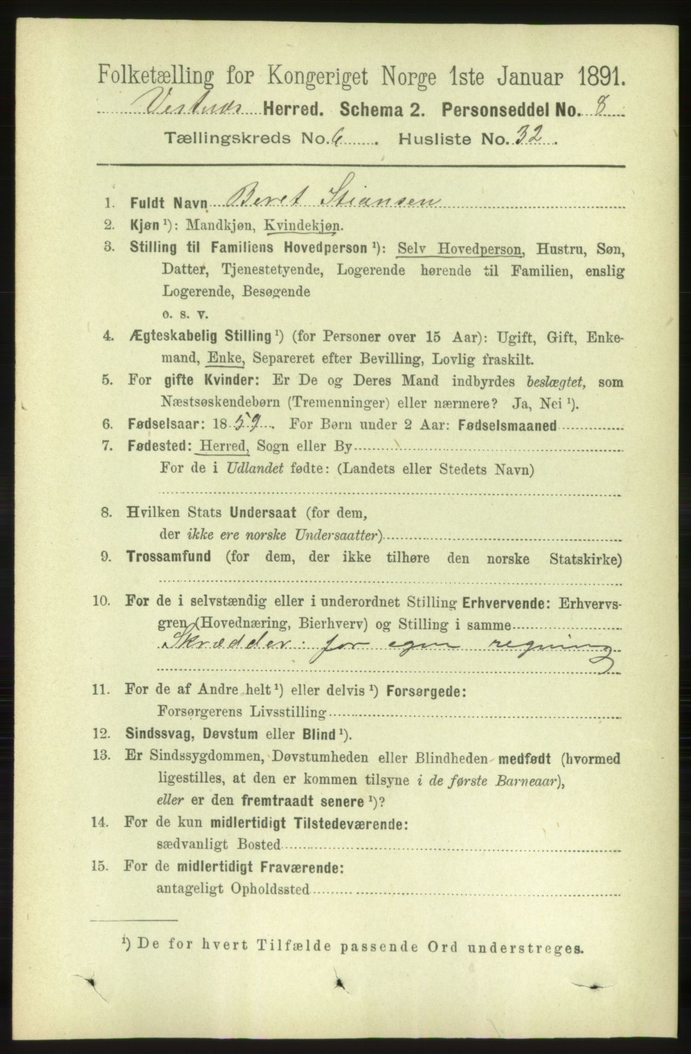 RA, 1891 census for 1535 Vestnes, 1891, p. 2358