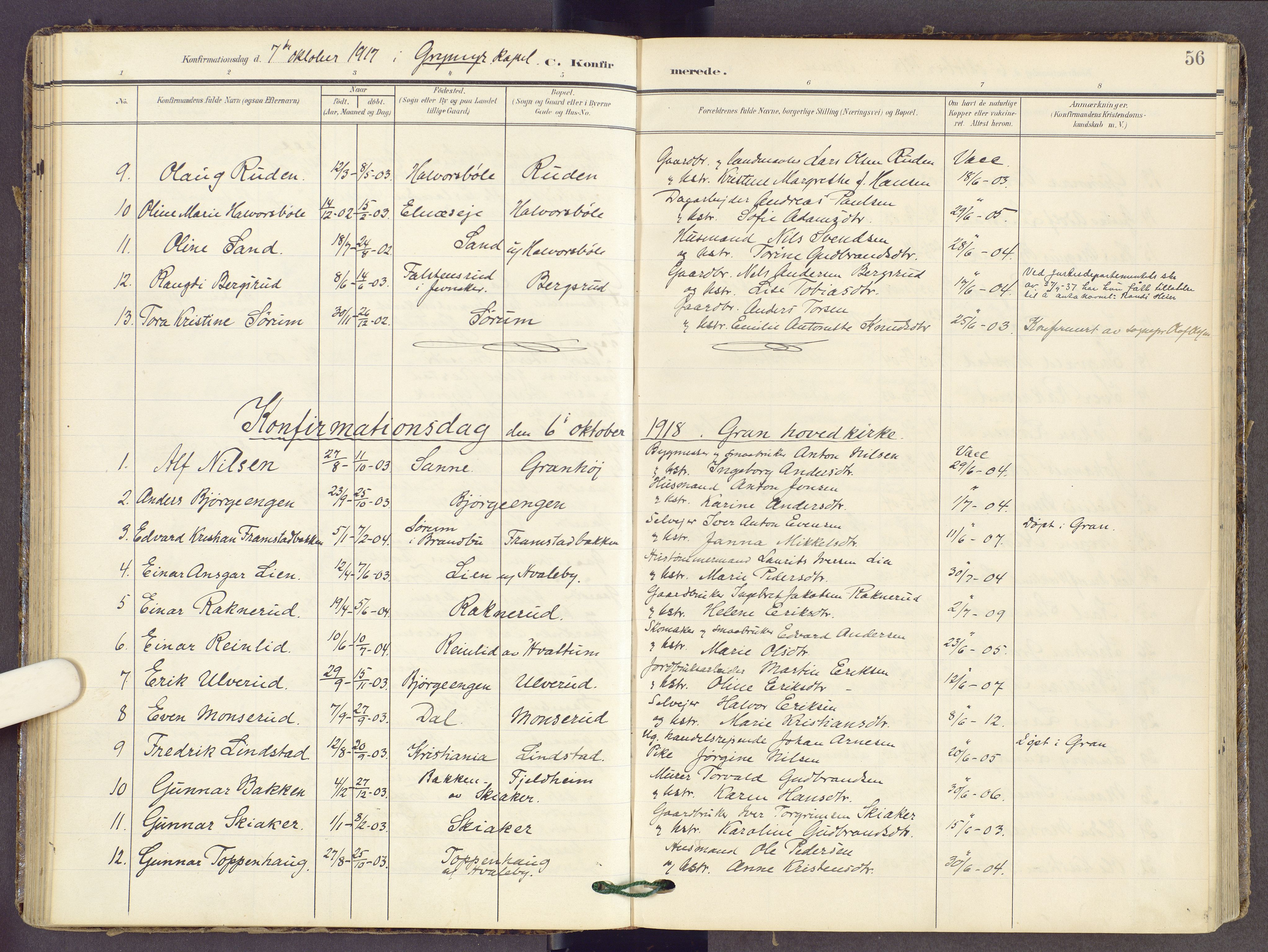 Gran prestekontor, SAH/PREST-112/H/Ha/Haa/L0022: Parish register (official) no. 22, 1908-1918, p. 56