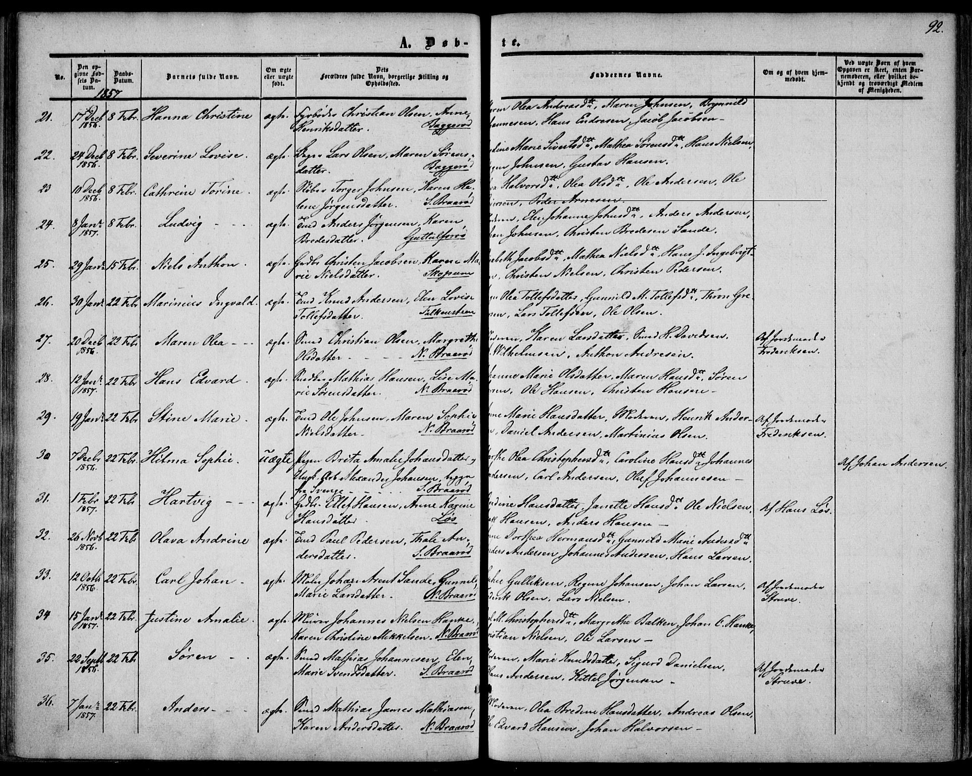 Borre kirkebøker, AV/SAKO-A-338/F/Fa/L0006: Parish register (official) no. I 6, 1852-1862, p. 92