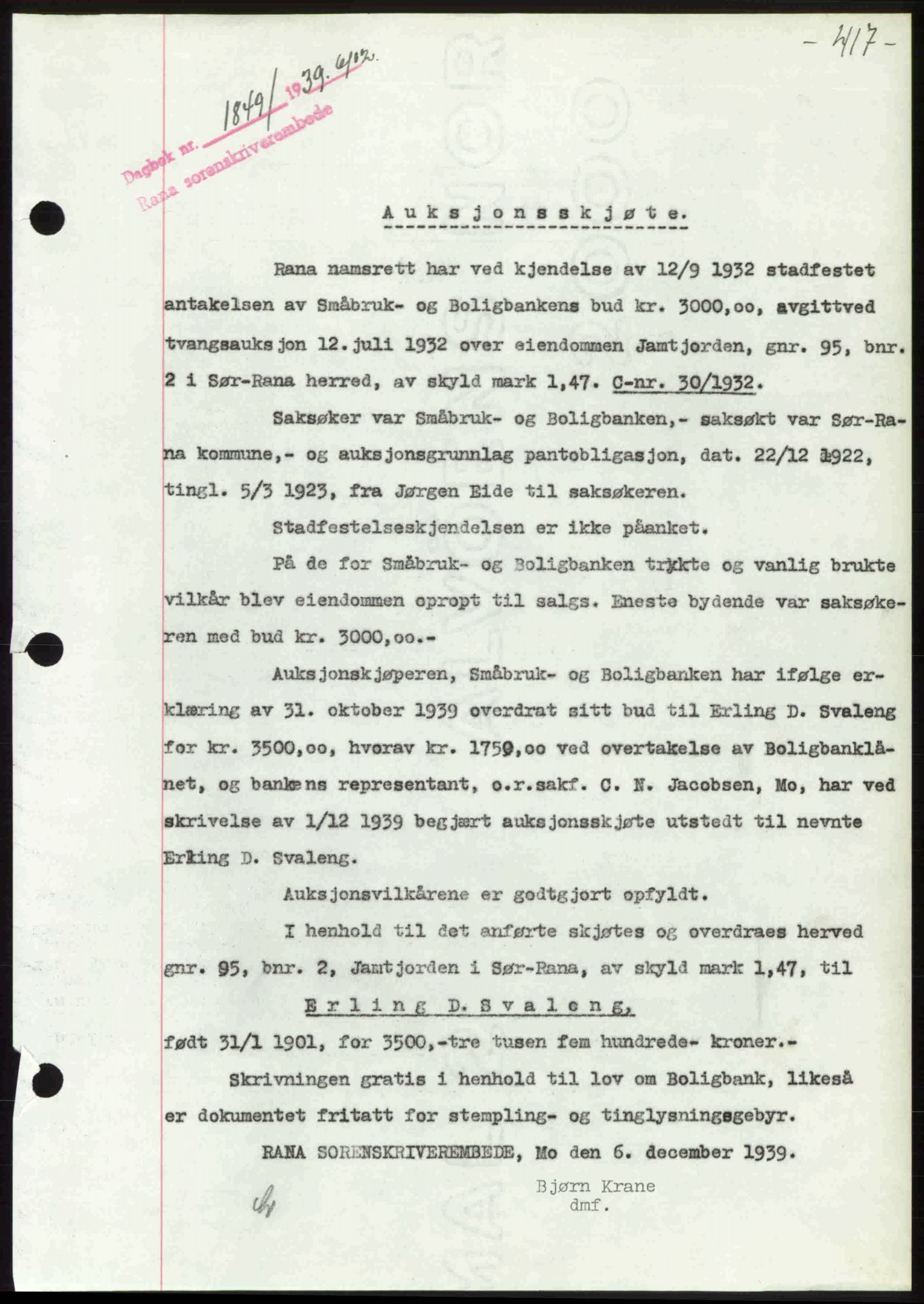 Rana sorenskriveri , SAT/A-1108/1/2/2C: Mortgage book no. A 6, 1939-1940, Diary no: : 1849/1939