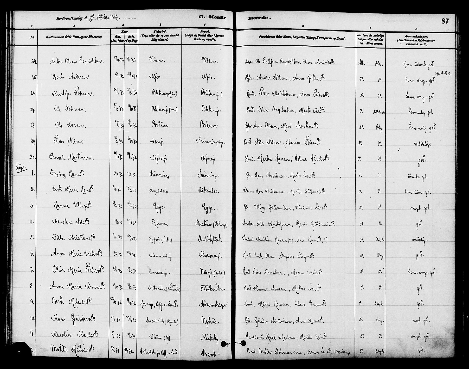 Gran prestekontor, AV/SAH-PREST-112/H/Ha/Haa/L0015: Parish register (official) no. 15, 1880-1888, p. 87