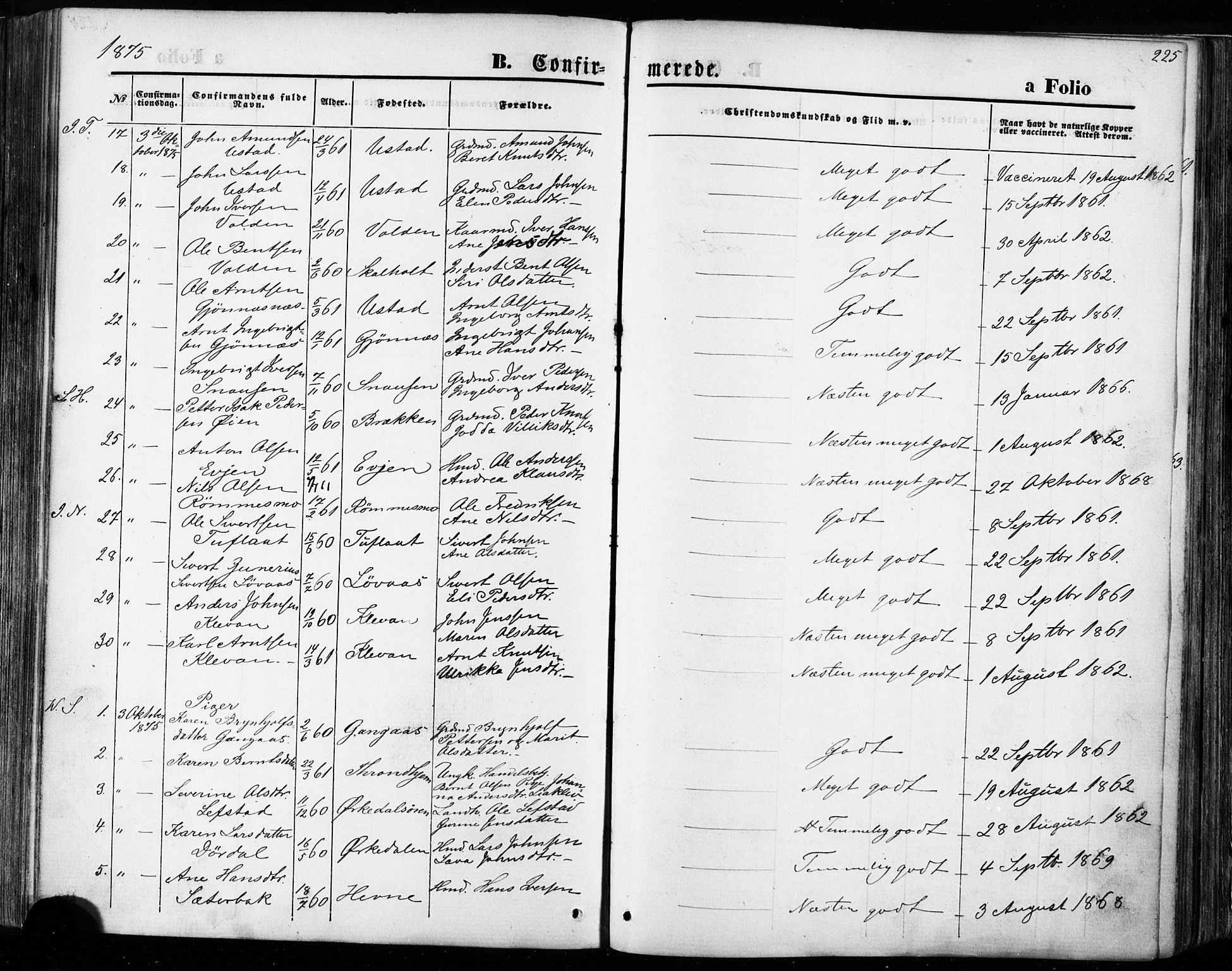 Ministerialprotokoller, klokkerbøker og fødselsregistre - Sør-Trøndelag, AV/SAT-A-1456/668/L0807: Parish register (official) no. 668A07, 1870-1880, p. 225