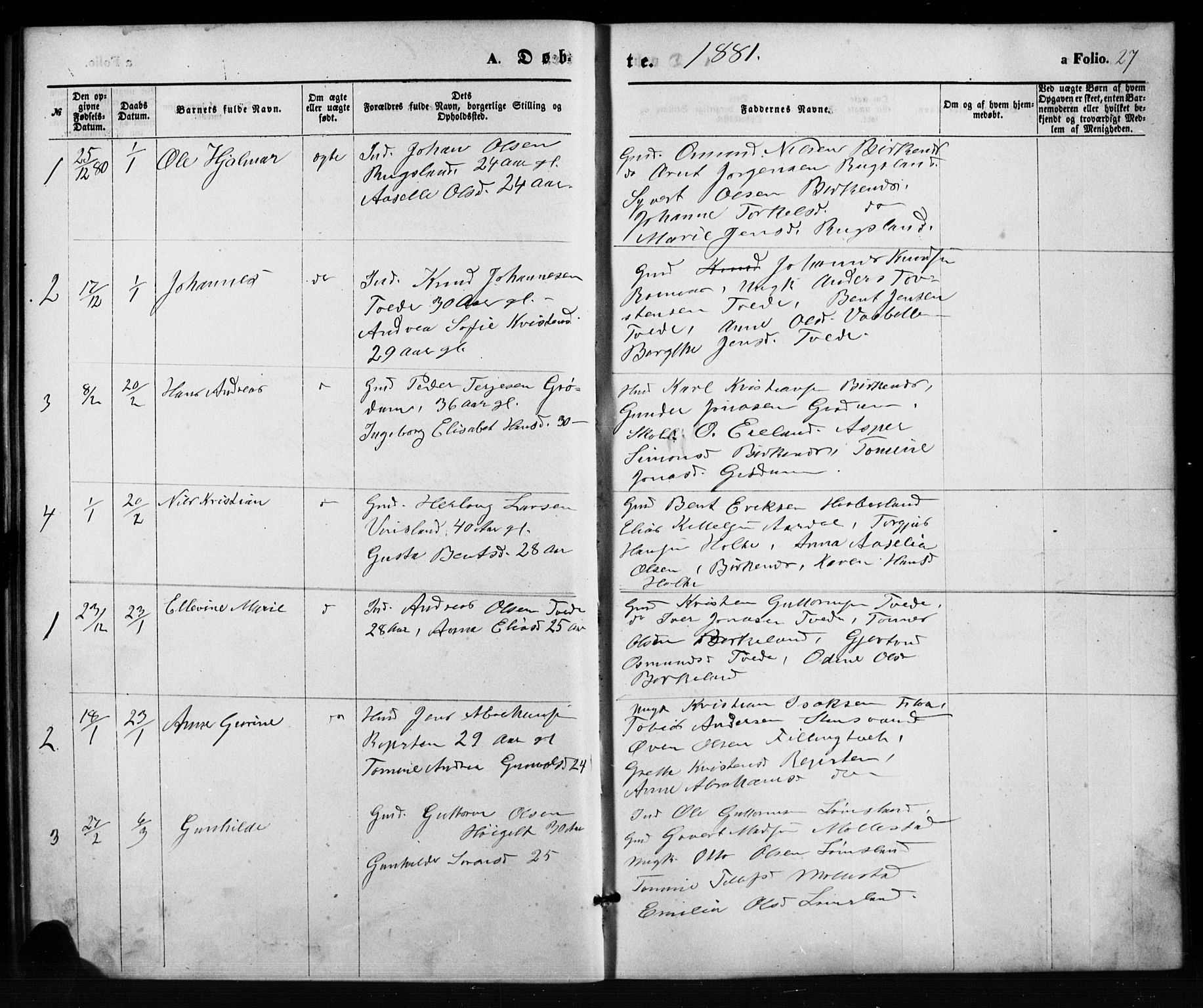Birkenes sokneprestkontor, SAK/1111-0004/F/Fb/L0003: Parish register (copy) no. B 3, 1876-1892, p. 27