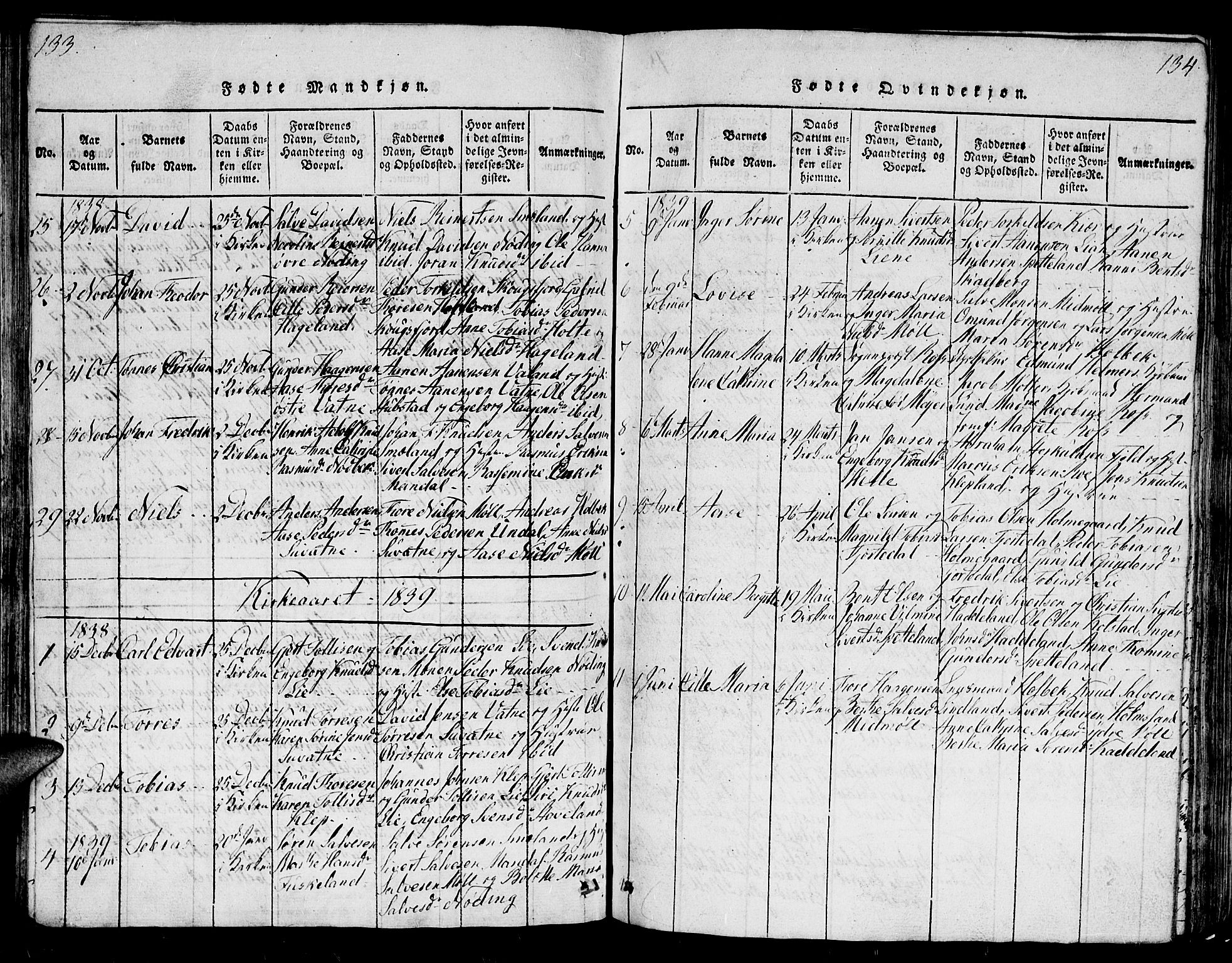 Holum sokneprestkontor, SAK/1111-0022/F/Fb/Fba/L0002: Parish register (copy) no. B 2, 1820-1849, p. 133-134