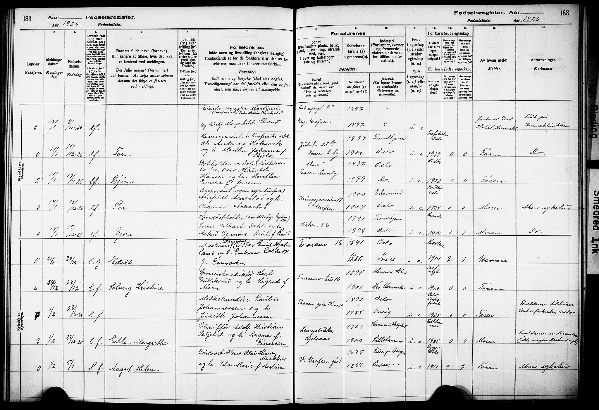 Vestre Aker prestekontor Kirkebøker, AV/SAO-A-10025/J/Ja/L0002: Birth register no. 2, 1922-1926, p. 183