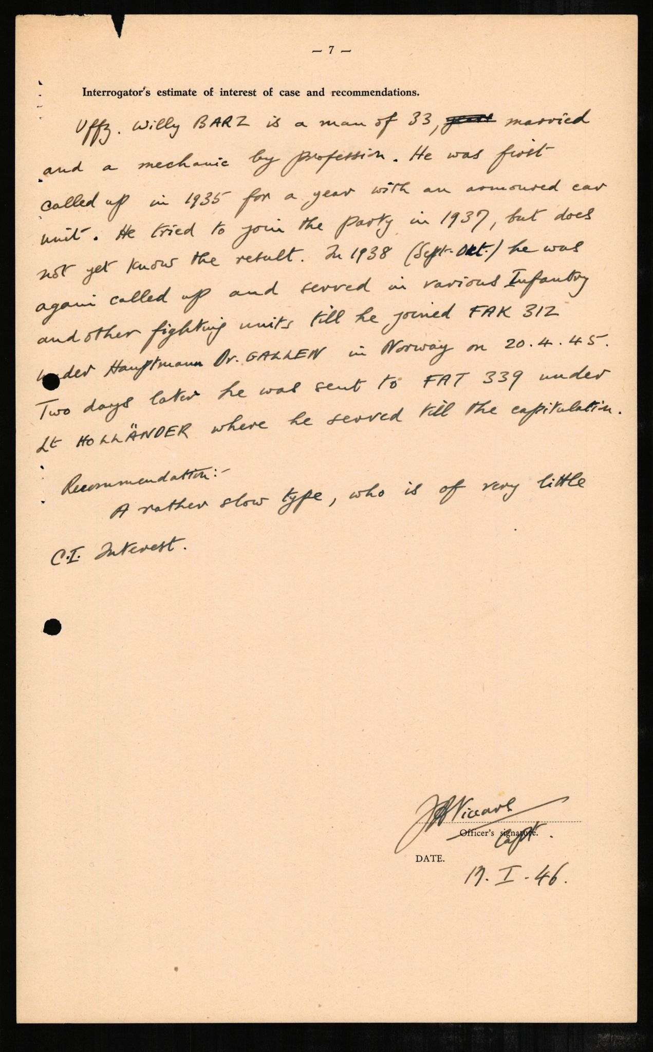 Forsvaret, Forsvarets overkommando II, AV/RA-RAFA-3915/D/Db/L0002: CI Questionaires. Tyske okkupasjonsstyrker i Norge. Tyskere., 1945-1946, p. 210