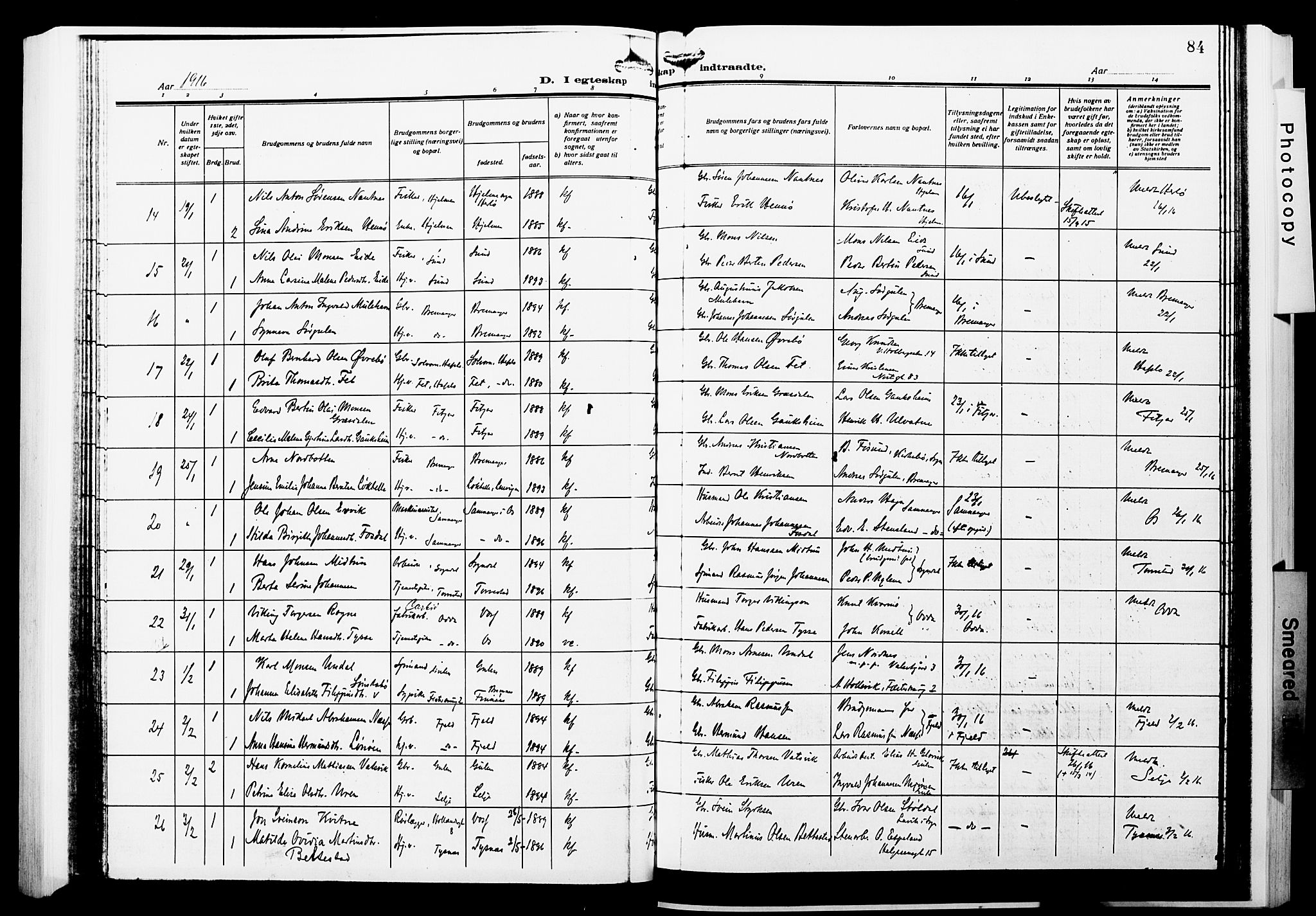 Nykirken Sokneprestembete, AV/SAB-A-77101/H/Hab: Parish register (copy) no. D 4, 1913-1918, p. 84