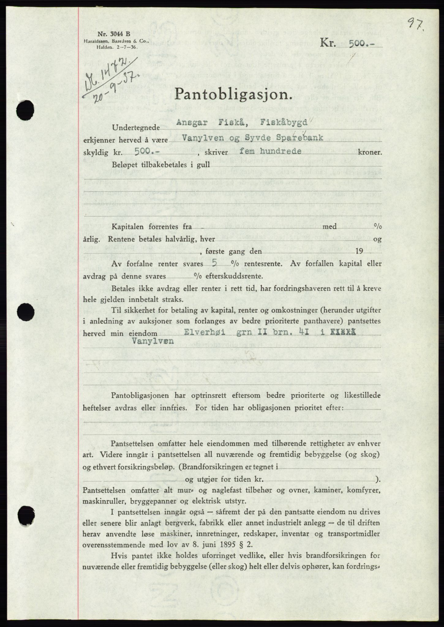 Søre Sunnmøre sorenskriveri, AV/SAT-A-4122/1/2/2C/L0064: Mortgage book no. 58, 1937-1938, Diary no: : 1472/1937