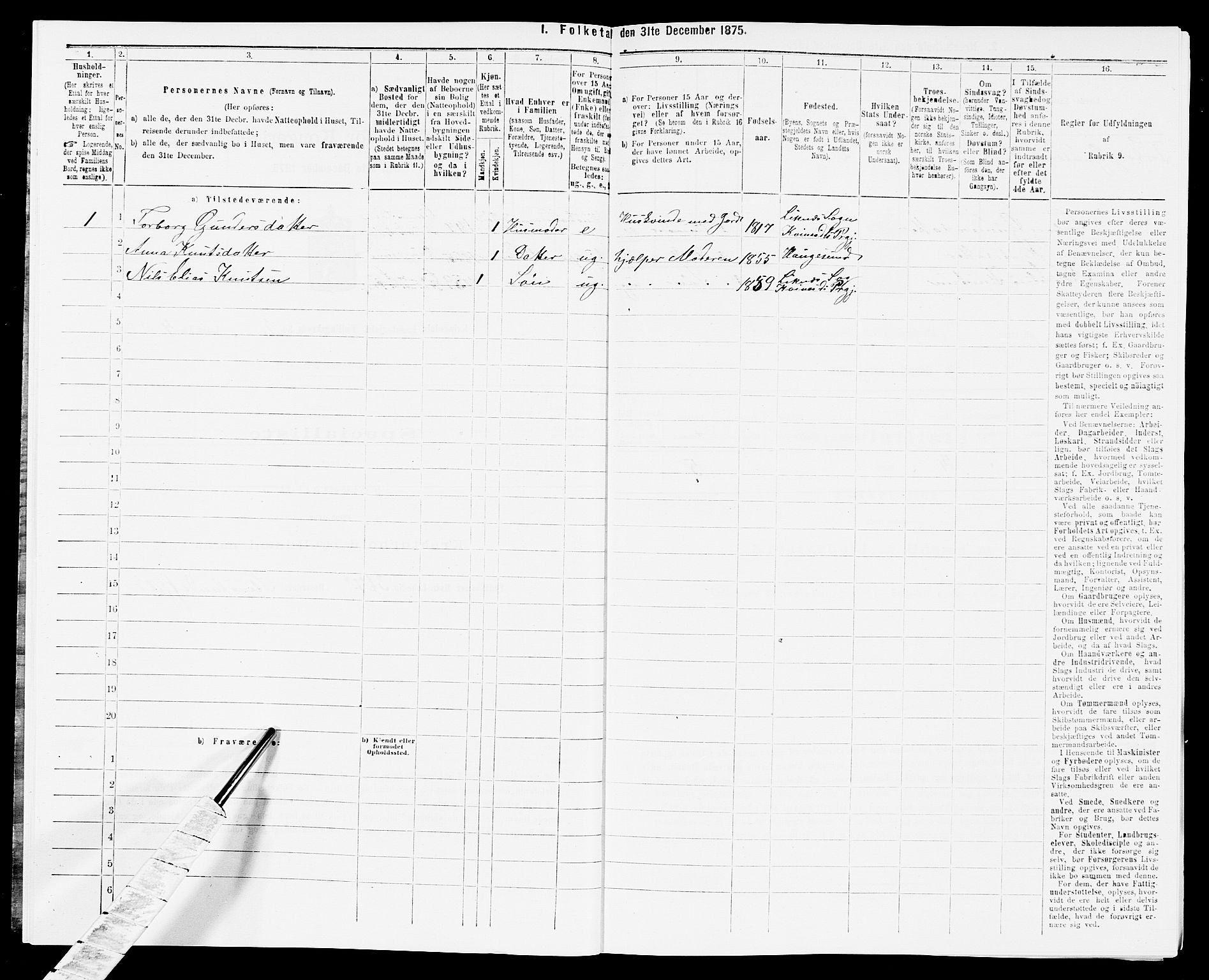 SAK, 1875 census for 1037P Kvinesdal, 1875, p. 280