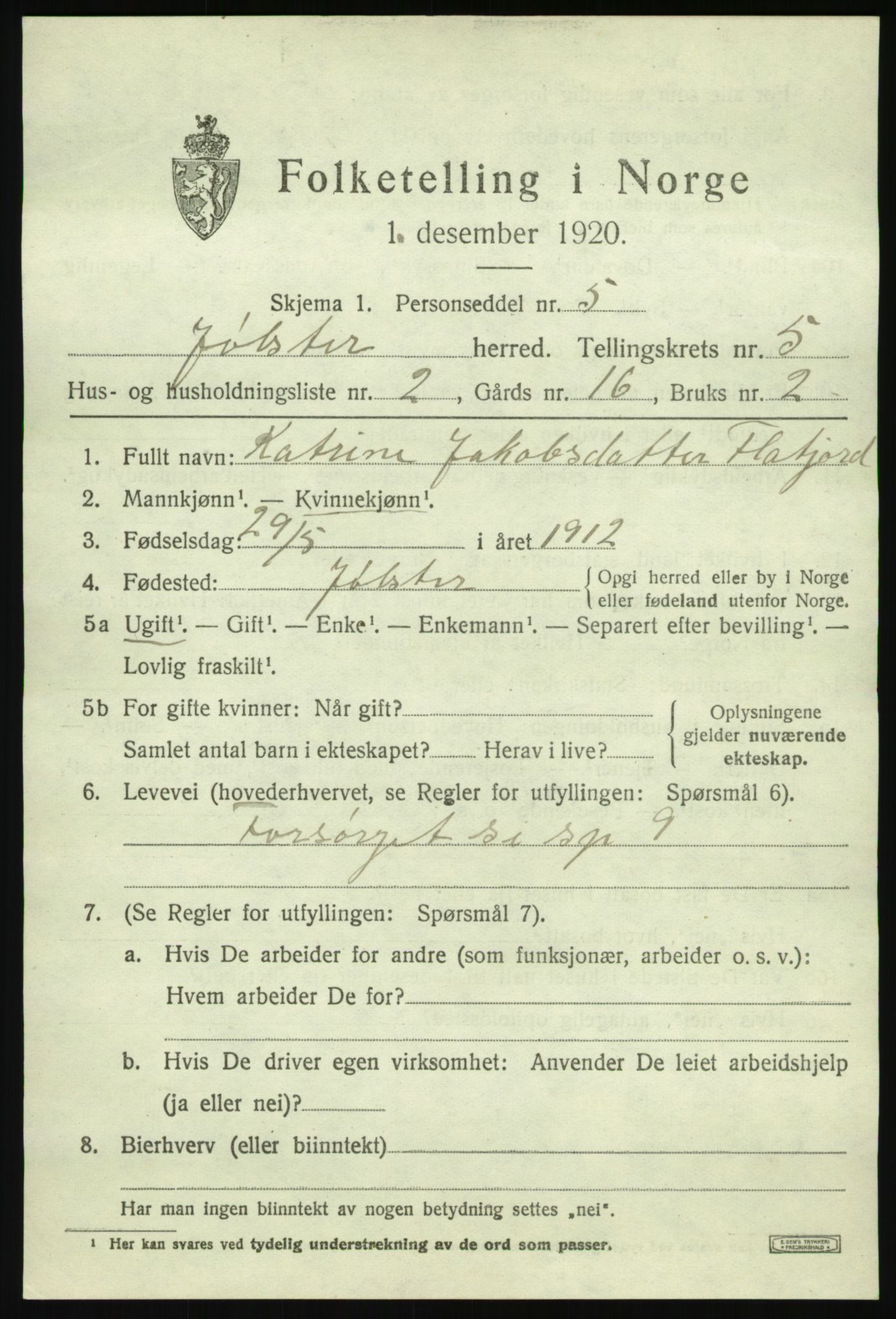 SAB, 1920 census for Jølster, 1920, p. 2948