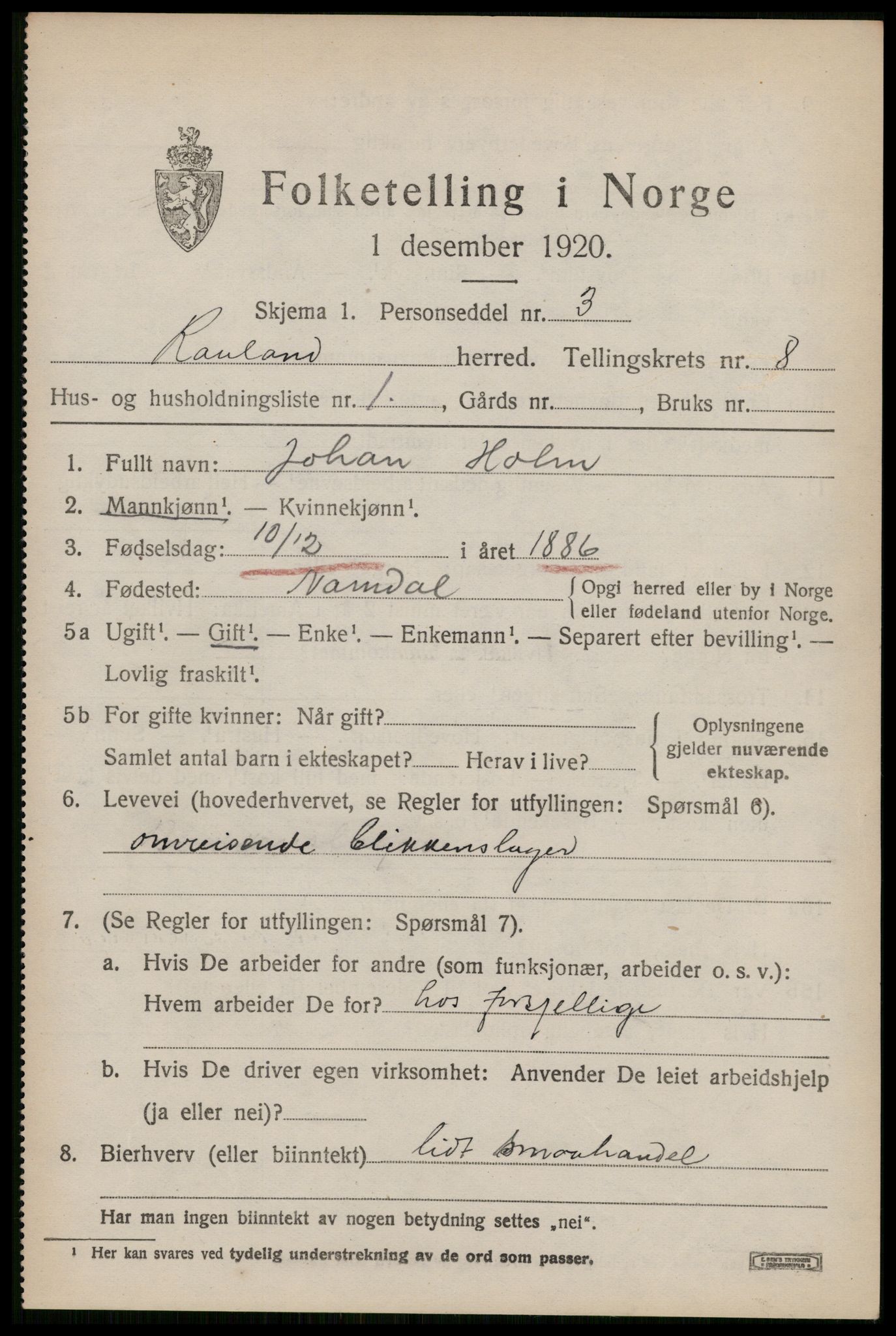 SAKO, 1920 census for Rauland, 1920, p. 1800