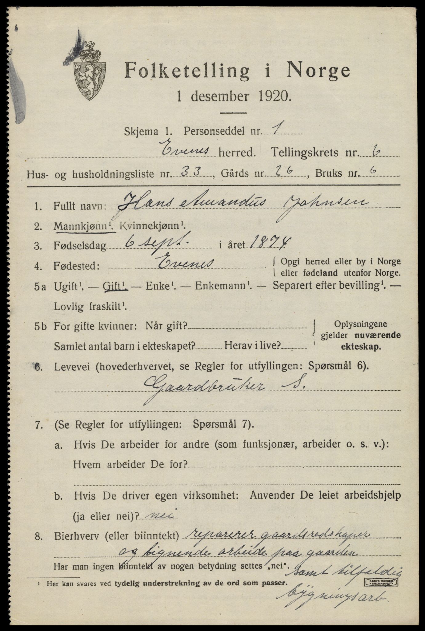 SAT, 1920 census for Evenes, 1920, p. 5858